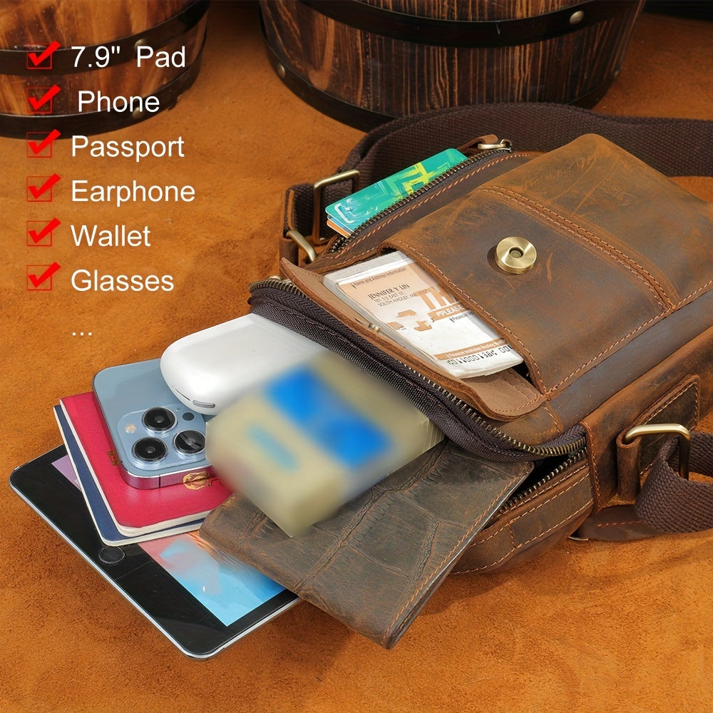 Men's Genuine Leather Vintage Crossbody Sling Bag - Coffee Brown Adjustable Strap, Large Capacity Anti-Theft Multi-Compartment