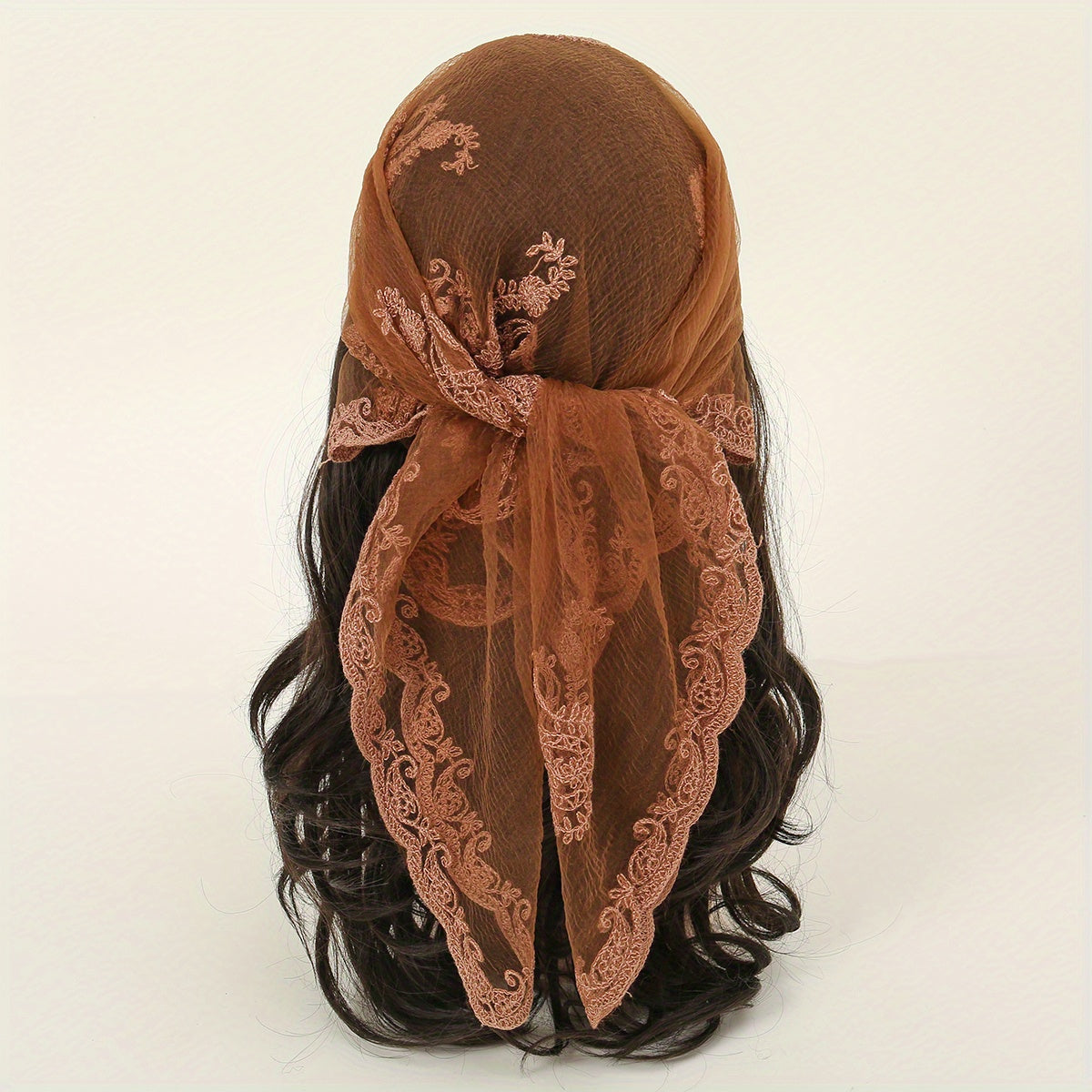 Thin Gauze Paisley Embroidery Elegant Square Scarf | Casual Rusty Brown Head Wrap