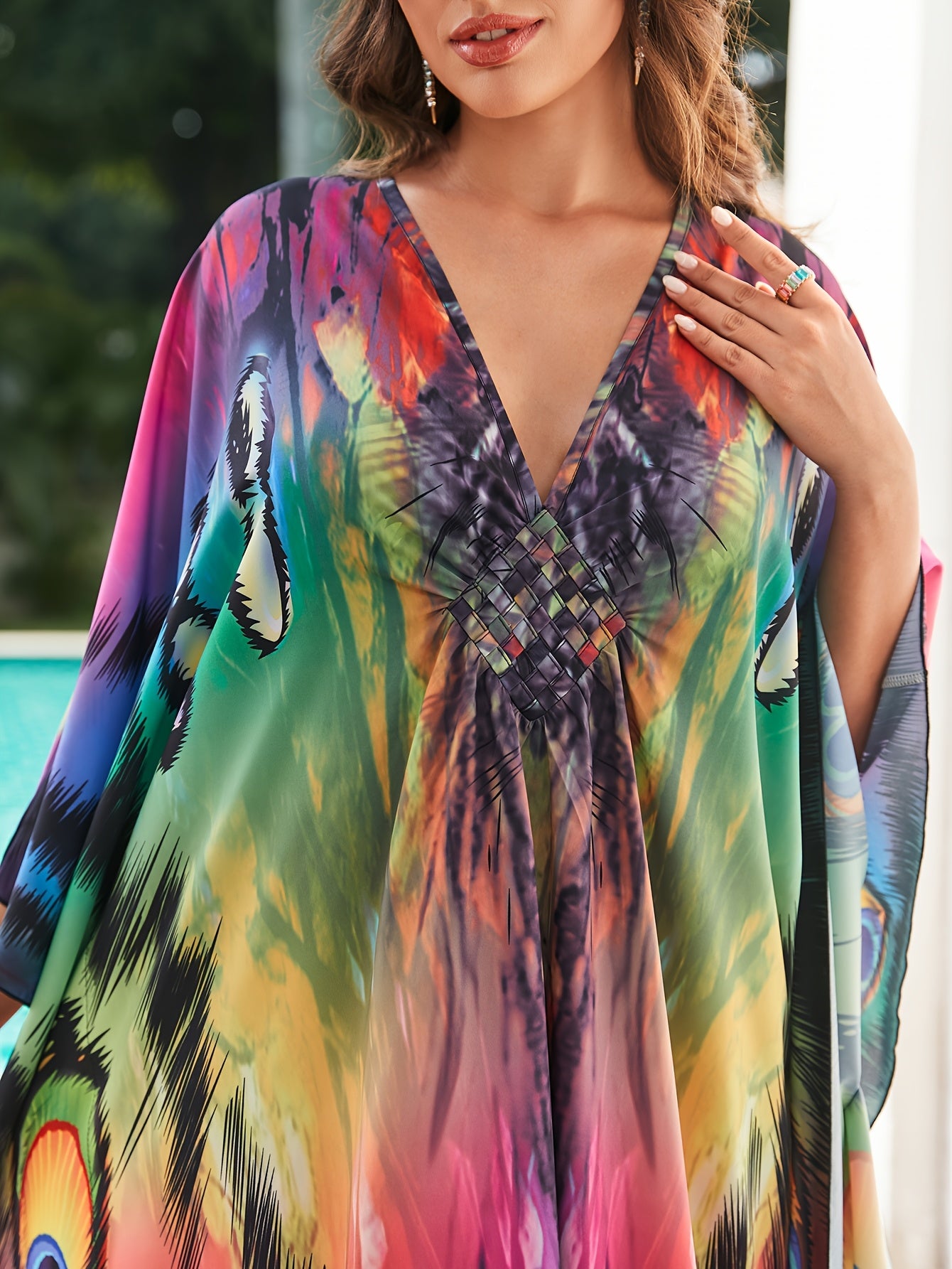 Plus Size Women's Abaya Dress - Vibrant Butterfly Print V-Neck Long Sleeve Bathing Suit Cover-Up, Elegant Casual Party Wear with Split Hem, No Belt, Non-Stretch Fabric, Plus Size Dress