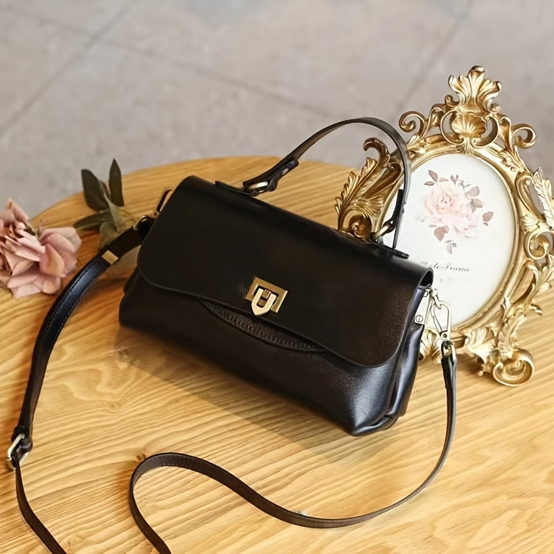 Genuine Leather Handbag for Women 2025 Vintage Lightweight Adjustable Crossbody Shoulder Bag with Snap Closure, Multiple Compartments