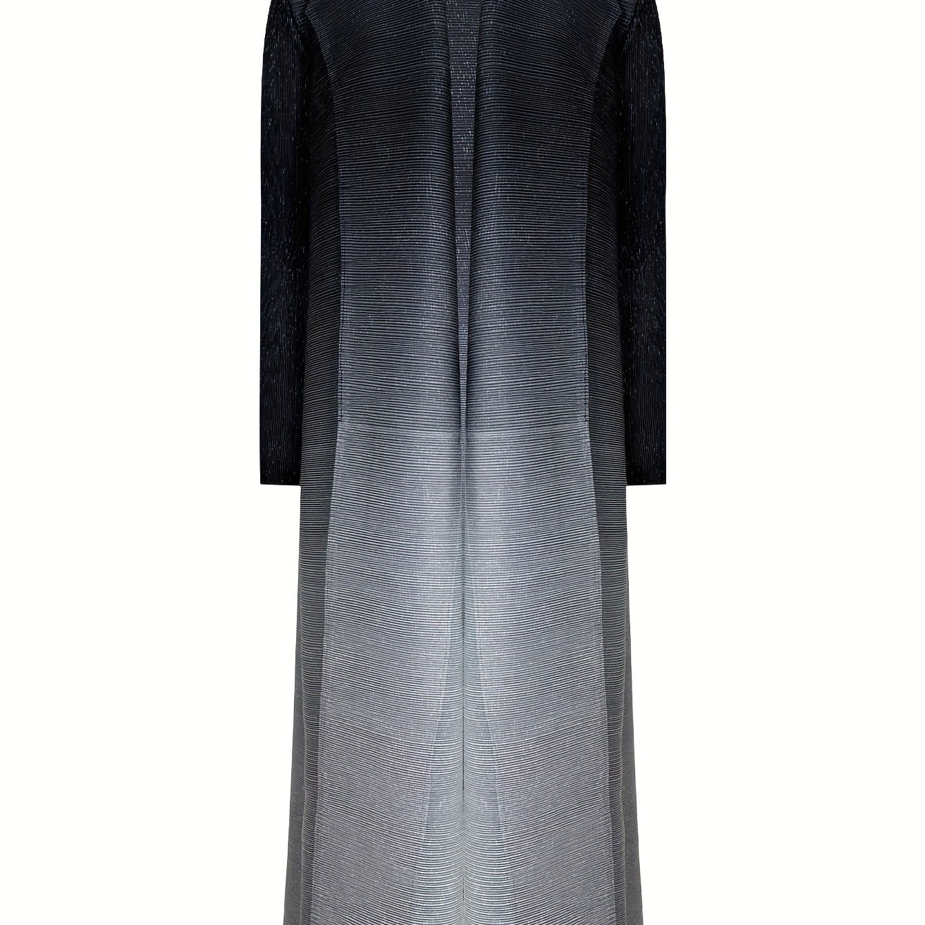 Elegant Black to Gray Gradient Pleated Long Trench Coat - Stylish Open Front Abaya with Belt, Stretchy Medium-Large Fit for Women, Perfect for Casual or Formal Occasions