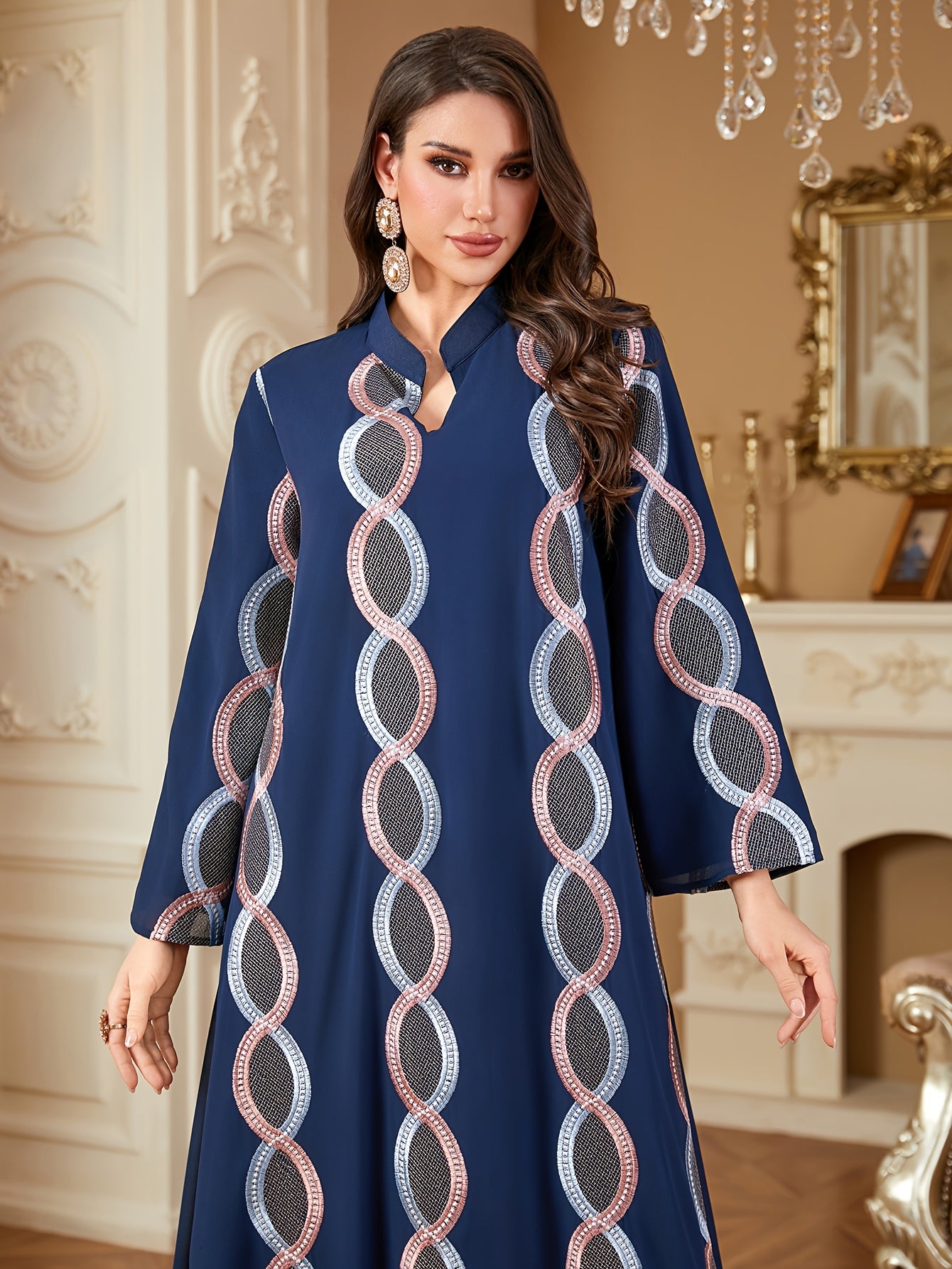 Elegant Navy Blue Embroidered Long Sleeve Maxi Modern Abaya - Stand Collar, A-Line Silhouette, Polyester, Machine Washable, All-Season Wear for Women
