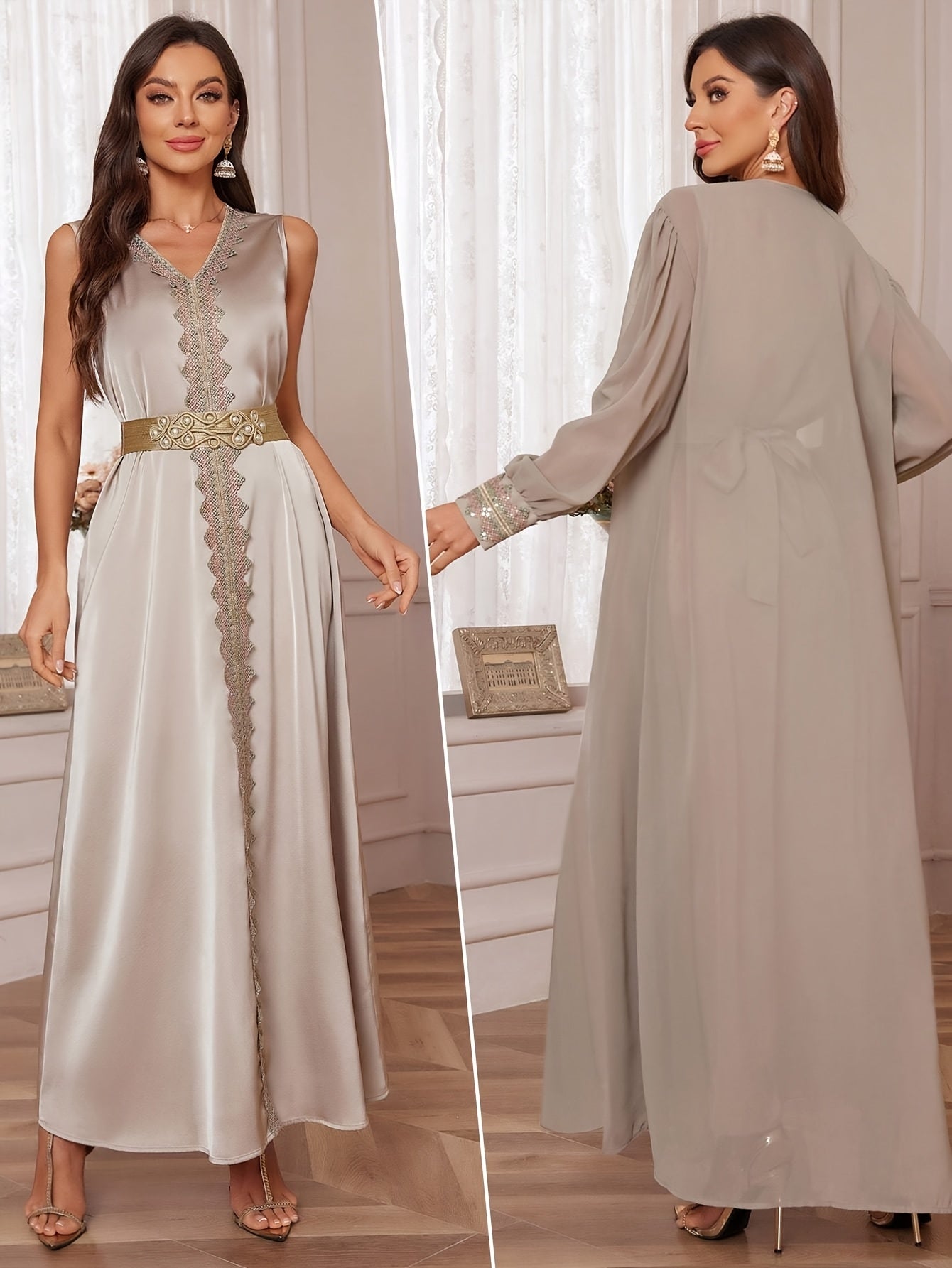 Women V-Neck Sleeveless Lace Elegant slit Abaya Dress with Detachable Belt And Arab Style Outer Long Sleeve Two-Piece Set