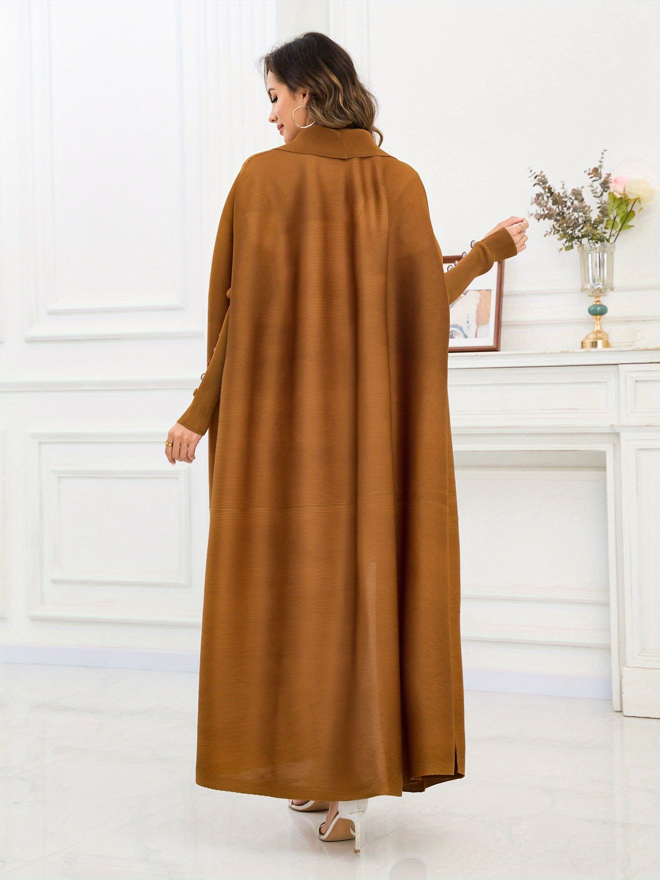 Women's Arabic Abaya with Scarf - Deep Brown Three-Way Pleated Design, Loose Fit, Long Sleeves, Belted Waist, Polyester Blend, Perfect for Muslim Prayer & Casual Wear, Muslim Clothing