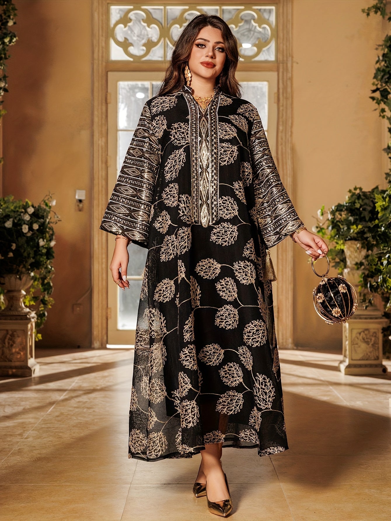 Oriental Middle Eastern Muslim Eid New Style Dress Women's Abaya V-Neck Regular Fashion Slit Sleeve Mesh Embroidery Beaded Craft Evening Gown Jalabiya Turkish Evening Wear Abaya