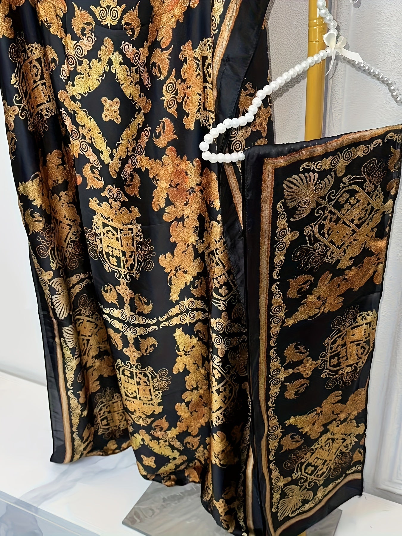 Lightweight Polyester Women's Kaftan Abaya Dress | Golden Floral Print Batwing Sleeve Loose Fit Maxi Dress, Middle Eastern-Inspired Spring Summer Fall Casual to Formal Wear with Scarf