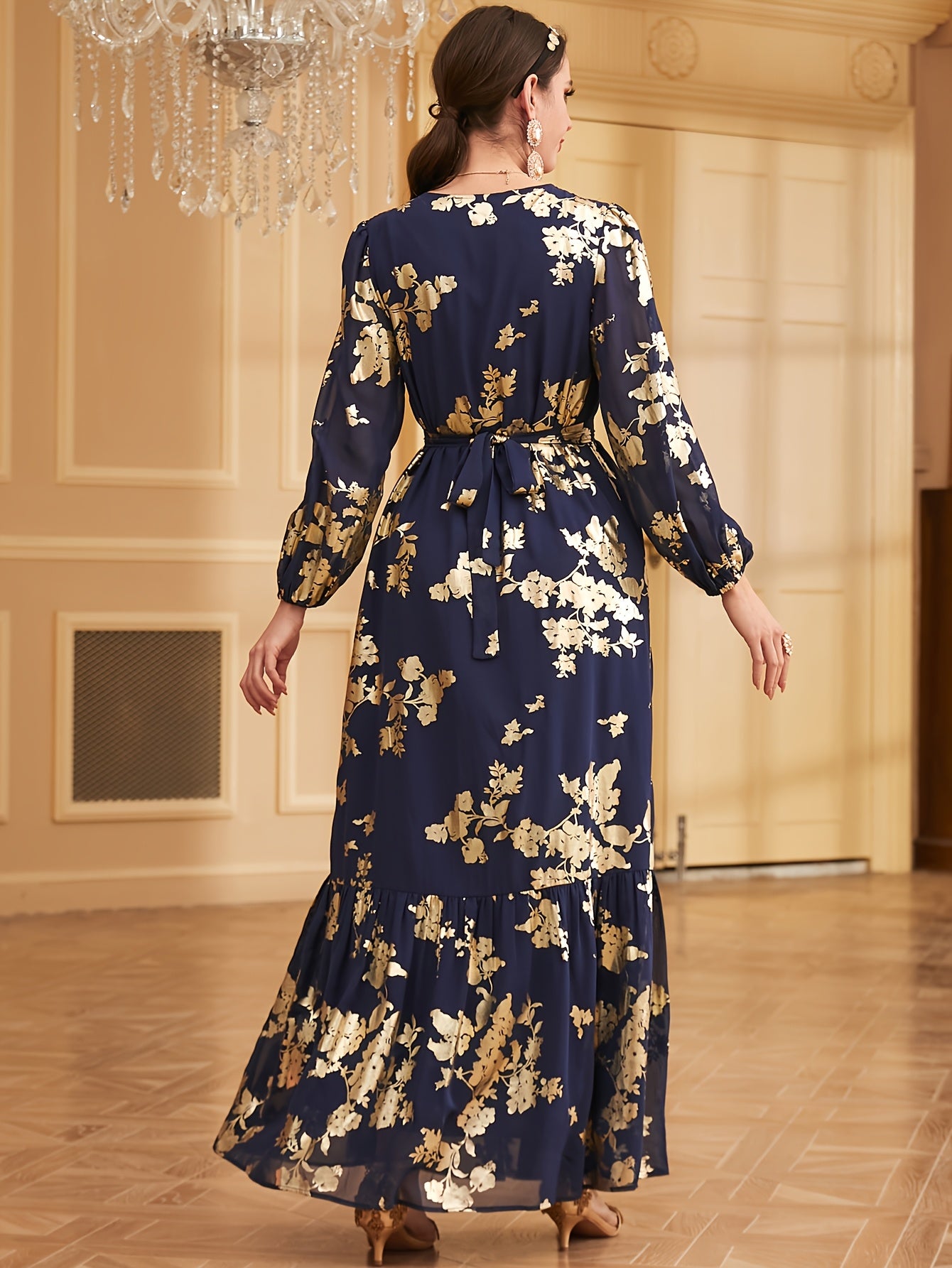 1pc Elegant Embroidered Long Sleeve Modern Abaya with Golden Accents, Polyester 100%, Regular Fit, All-Season Floral Print with Slit Hem and Waist Belt
