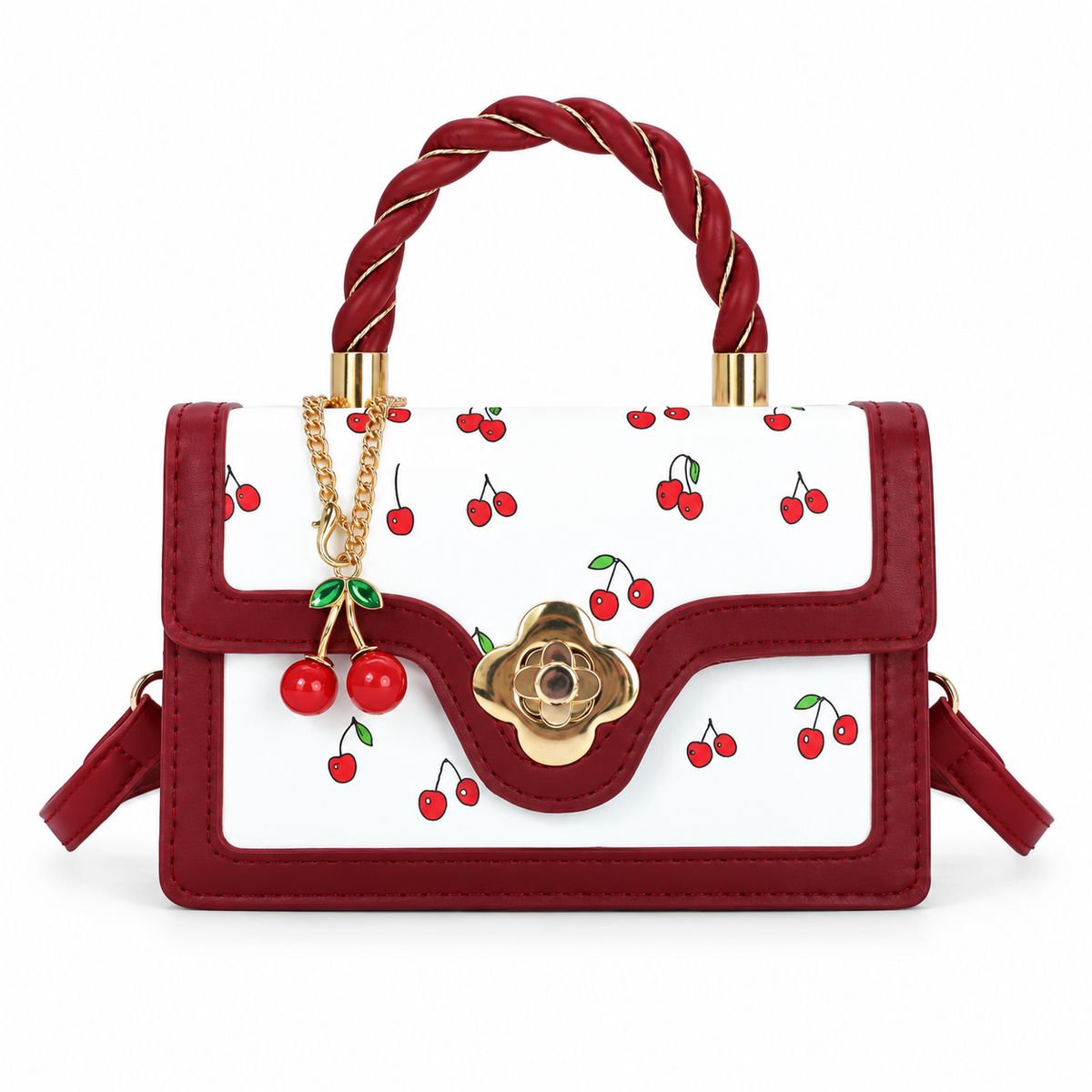 Cherry Print Handbag With Twisted Handle