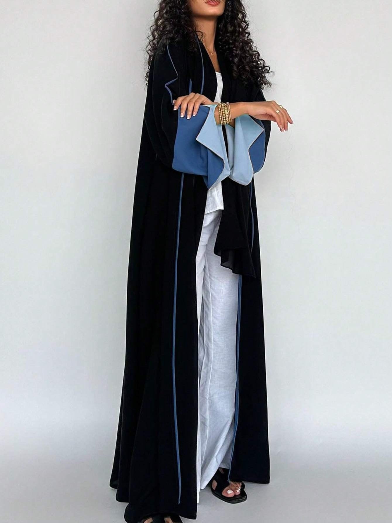 Plus Size - 1pc Plus Size Women's Abaya Burqa - Elegant Color Block Design, Loose Fit Long Sleeve with Open Front, Black & Blue Geometric Pattern, Perfect for Festive Occasions
