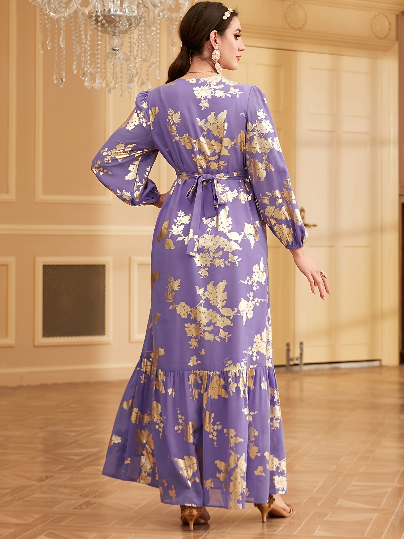 1pc Elegant Embroidered Long Sleeve Modern Abaya with Golden Accents, Polyester 100%, Regular Fit, All-Season Floral Print with Slit Hem and Waist Belt