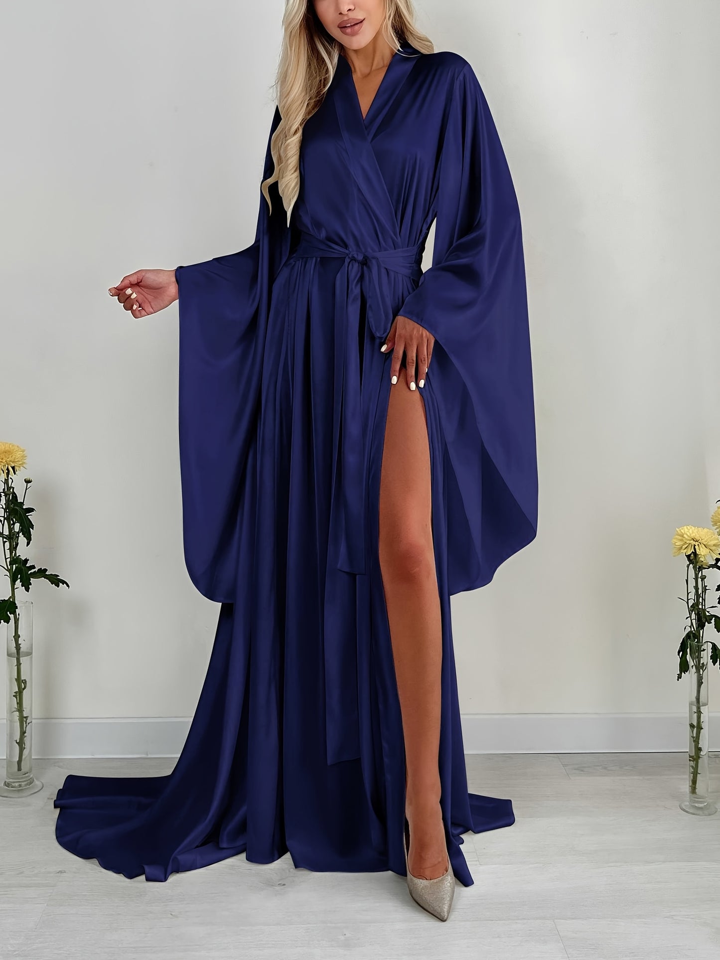 Ladies Satin Gown Silk Lace Bridal Kimono Abaya Nightgown Bridesmaid Gown Wedding Party Nightgown