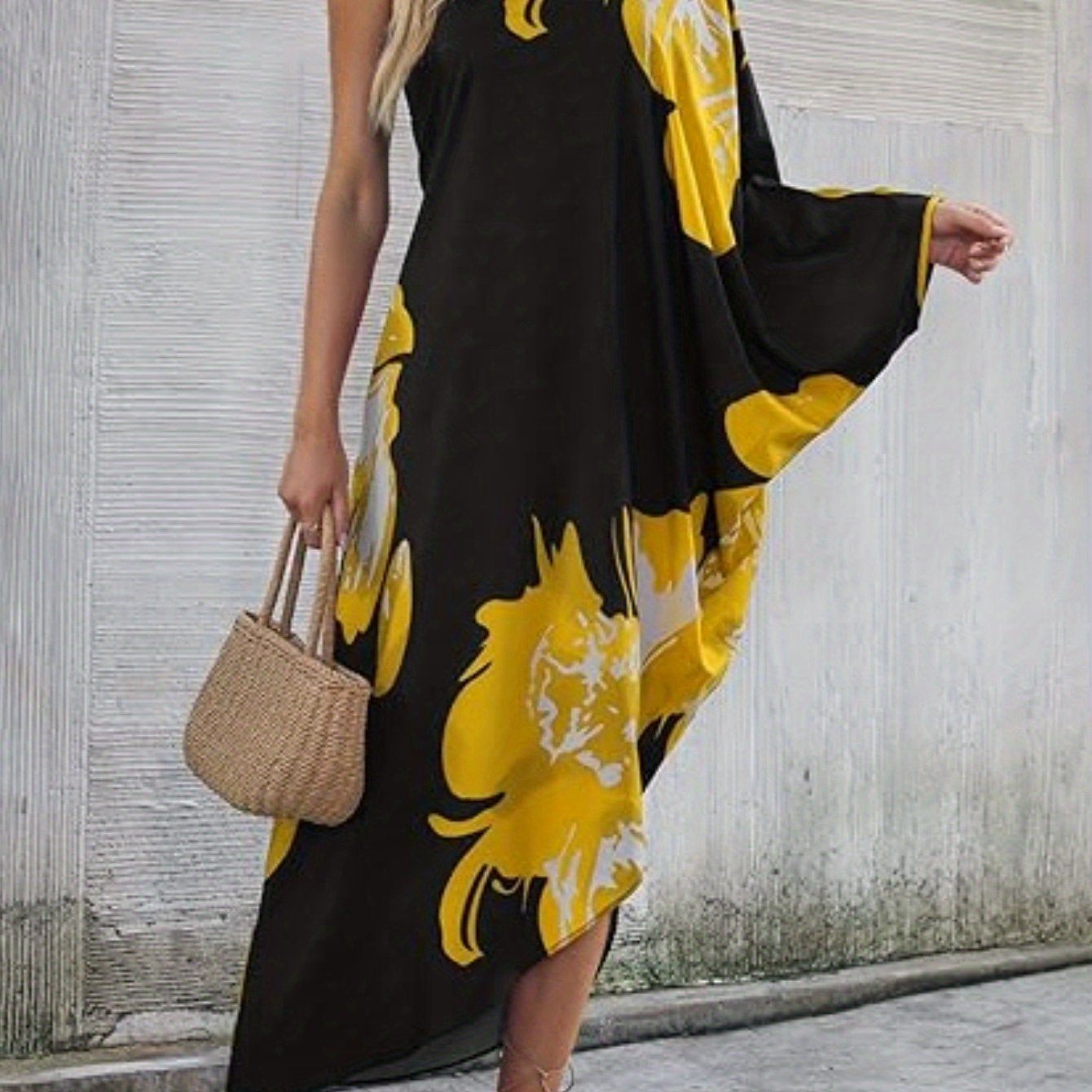 Women'S Elegant Kaftan Dress - V-Neck, Long Sleeve, Flowy Beach Cover-Up with Orange & Black Floral Print, Lightweight Polyester for Summer Vacation, Beach Dress