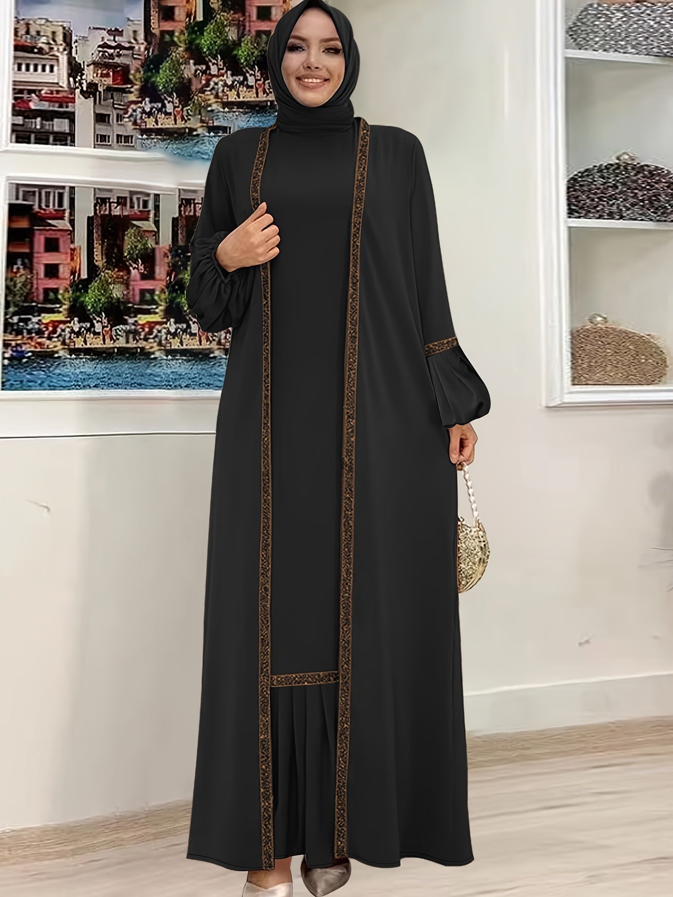 Abaya Contrast Trim Elegant Two Piece Set, Ruffle Hem Tank Dress & Lantern Sleeve Open Front Cardigan Outfits, Women's Clothing