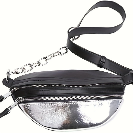 Women's Fashionable Crossbody Bag, Premium Top-Grain Genuine Leather, Black & Silvery Waist Bag, Adjustable Strap, Fanny Pack & Sling Bag