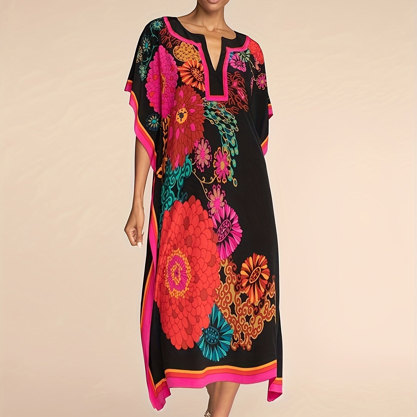 Women's Boho Style Cover Up, Plus Size Floral Pattern V Neck Loose Fit Vacay Beach Kaftan Dress
