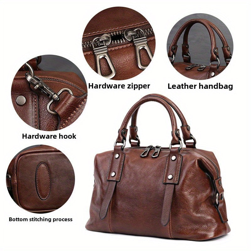 Women's Genuine Leather Crossbody Bag - Adjustable Wide Strap, Large Capacity Vintage Tote & Shoulder Bag