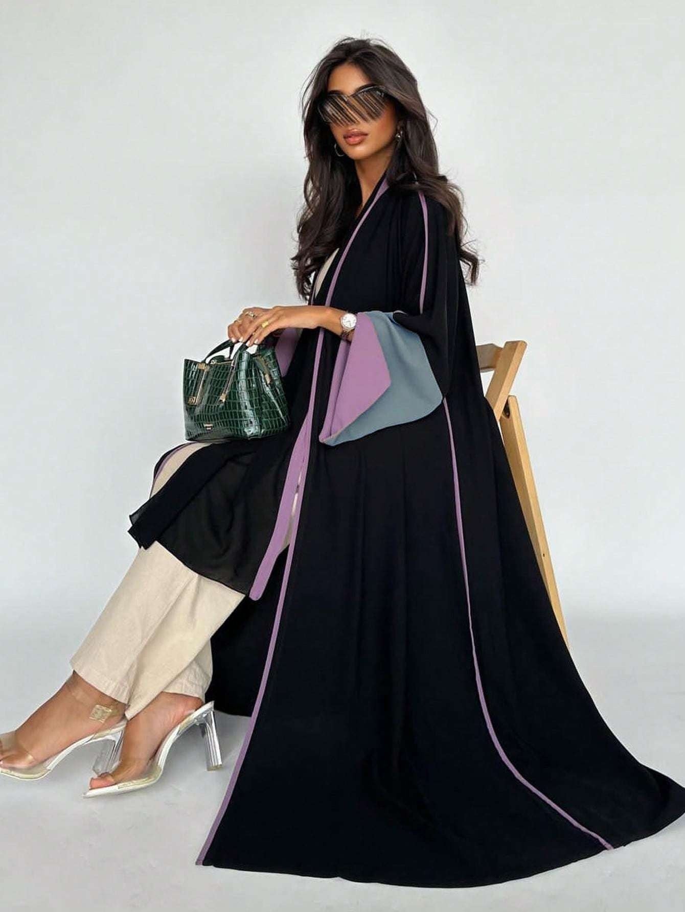 Plus Size - 1pc Plus Size Women's Abaya Burqa - Elegant Color Block Design, Loose Fit Long Sleeve with Open Front, Black & Blue Geometric Pattern, Perfect for Festive Occasions