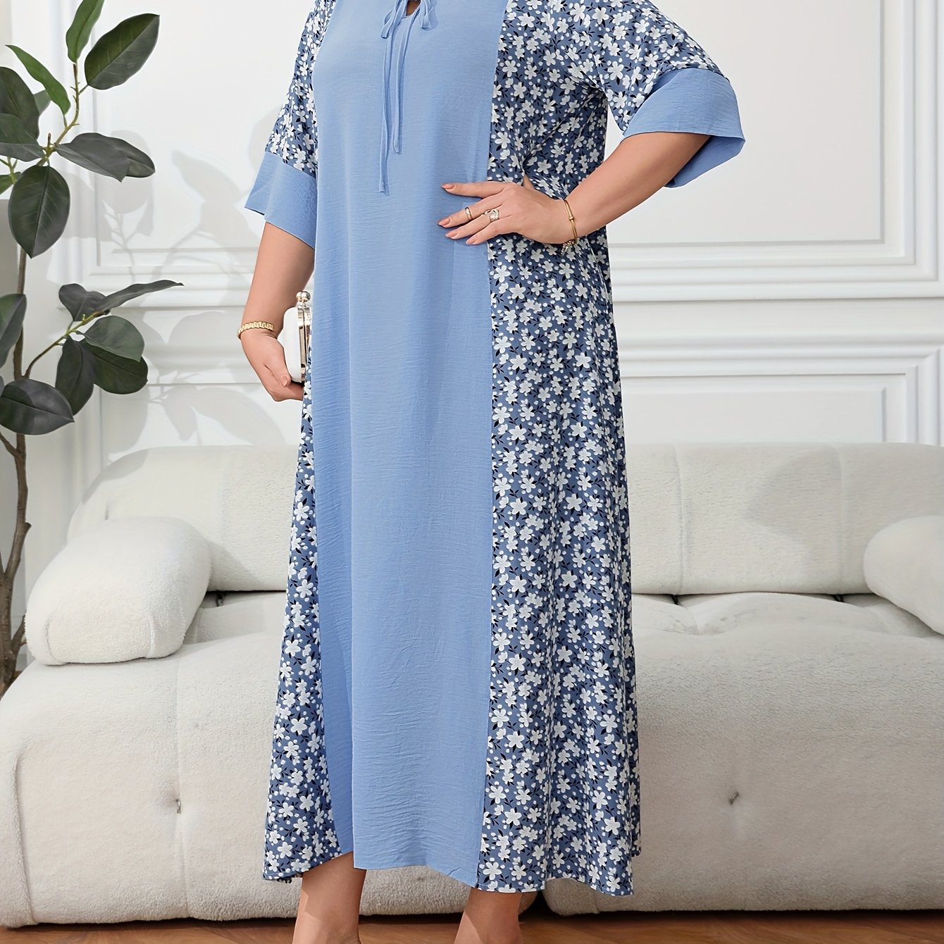Plus Size Floral Print Tie Front Bow Baju Abaya - Blue Floral on Light Blue, Loose Fit Maxi Dress with Short Sleeves, Machine Washable Non-Stretch Fabric, Middle Eastern-Inspired Design