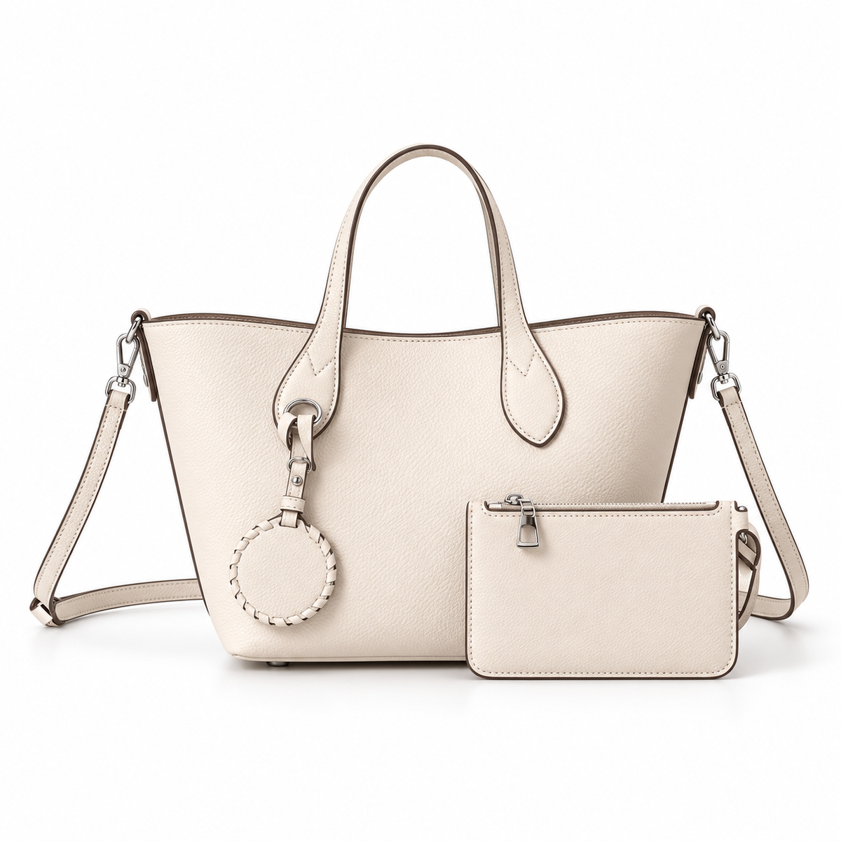 Ivory Textured Tote Bag With Pouch