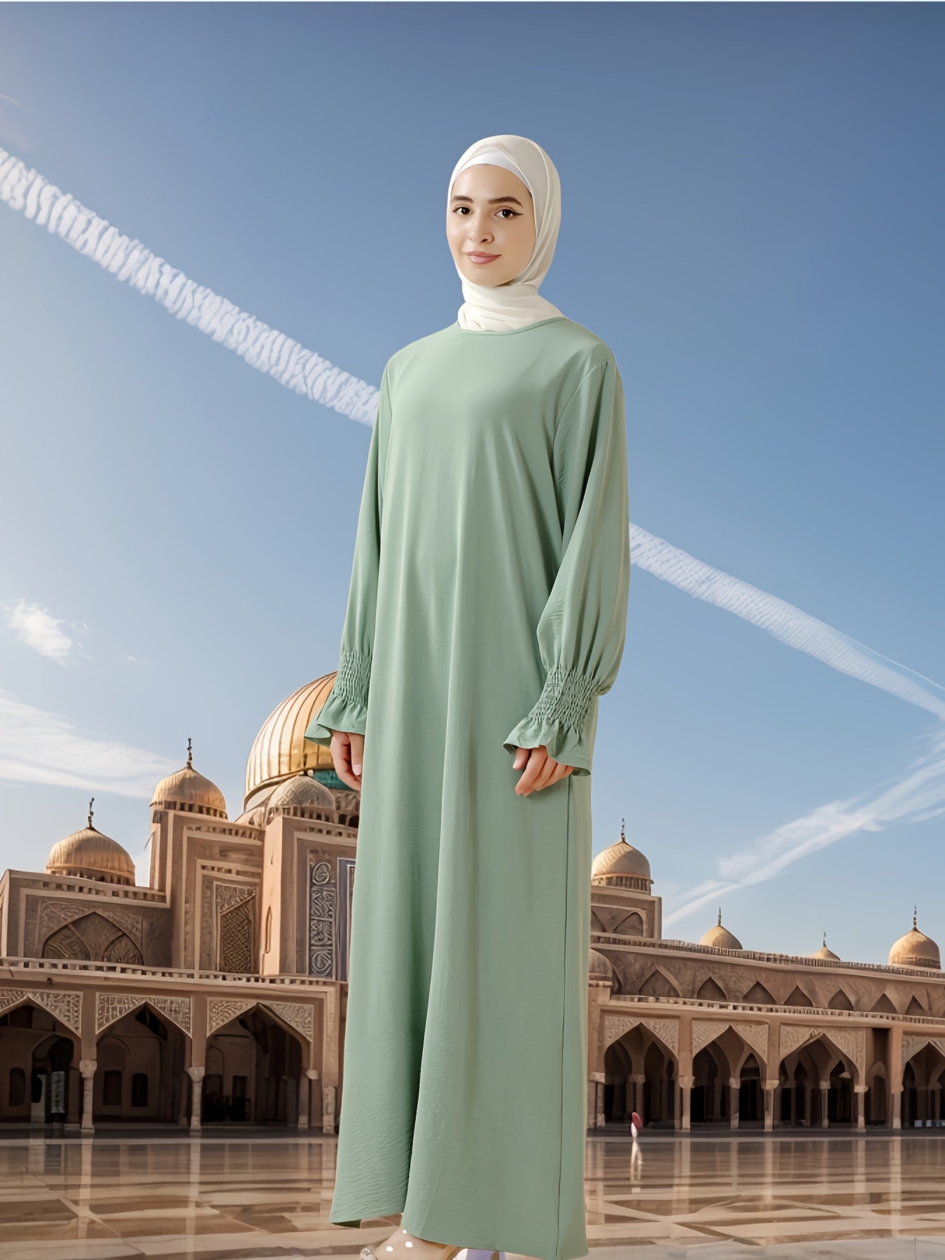 Elegant Long Chiffon Arabic Abaya with Elastic Sleeves - Solid Color, Flowing Design for Muslim Women, Perfect for Ramadan, Eid Al-Fitr, and Eid Al-Adha, Comfortable Spring & Summer Wear