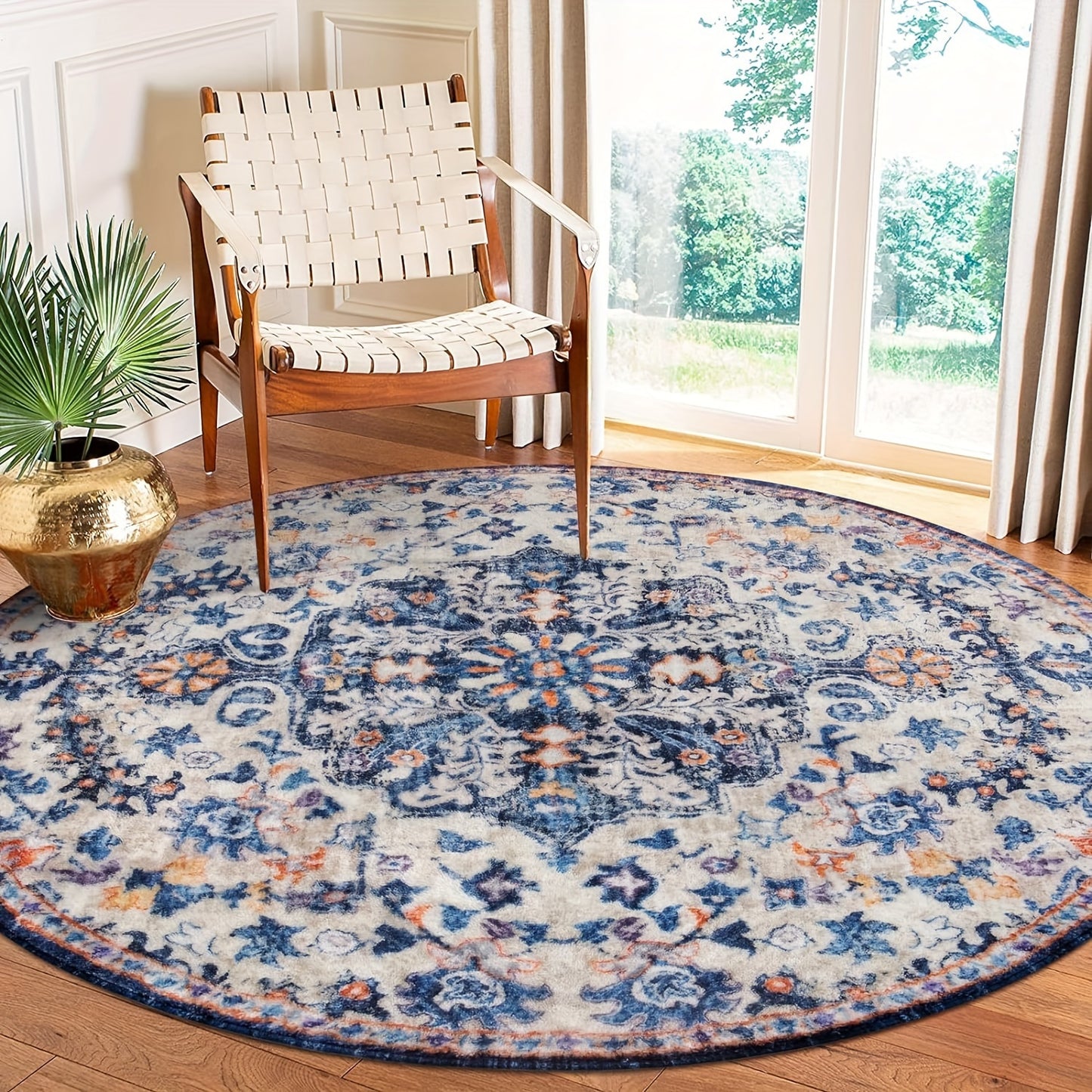 Bohemian Round Rug Bedroom Round Area Rug Soft Bathroom Circle Mat, Vintage Machine Washable Non Slip Low Pile Indoor Floor Carpet For Kitchen, Laundry Room, Entryway