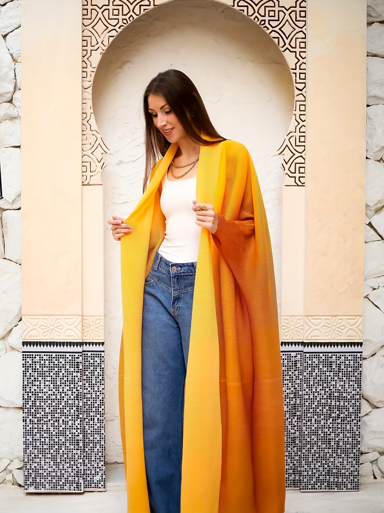 Plus Size - Women's Plus Size Yellow Abaya with Geometric Print - Loose Fit, Long Sleeve, Open Front, Wide Leg, Casual & Versatile for Spring/Summer/Fall, Casual Wear Abaya