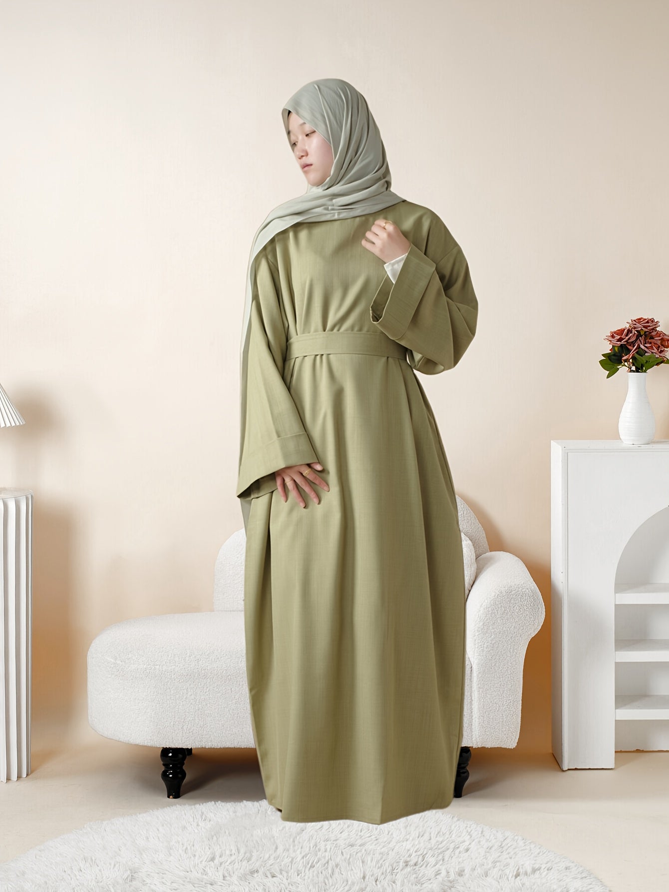 Plain Abaya with Pockets 2pcs Set Elegant Middle East Arab Islamic Muslim Style Shawl Robe Smock Ramadan Prayer Dress Long Skirt Jilbaab Abaya Women's Women Solid Color