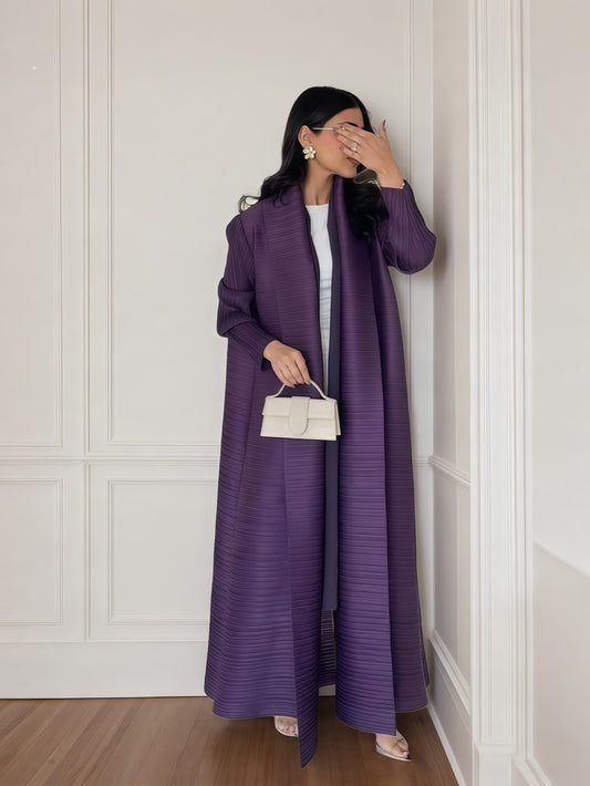 Elegant Pleated Arabic Abaya Robe - Modest Long Sleeve with Removable Adjustable Waist Belt, Solid Color Traditional Middle Eastern Wedding Guest Gown, Machine Washable