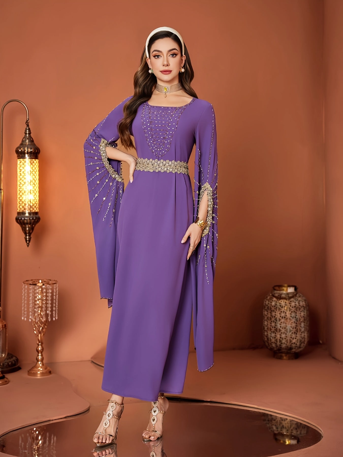 4006 Women's Loose-Fit Middle Eastern Modern Abaya Dress - Long Sleeve with Slit & Sequin Details, 100% Polyester Lightweight Spring/Summer Casual Elegant Dress for Modest Fashion