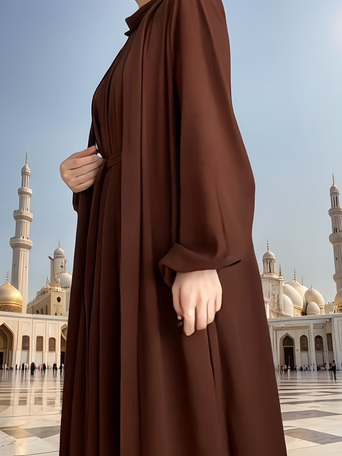 3pcs Elegant Open Arabic Abaya & Pocket Belt Abaya Set - Solid Color, Stretchy Polyester, Breathable for Spring/Summer - Ideal for Ramadan & Muslim Women, Lightweight Islamic Kaftan Dresse