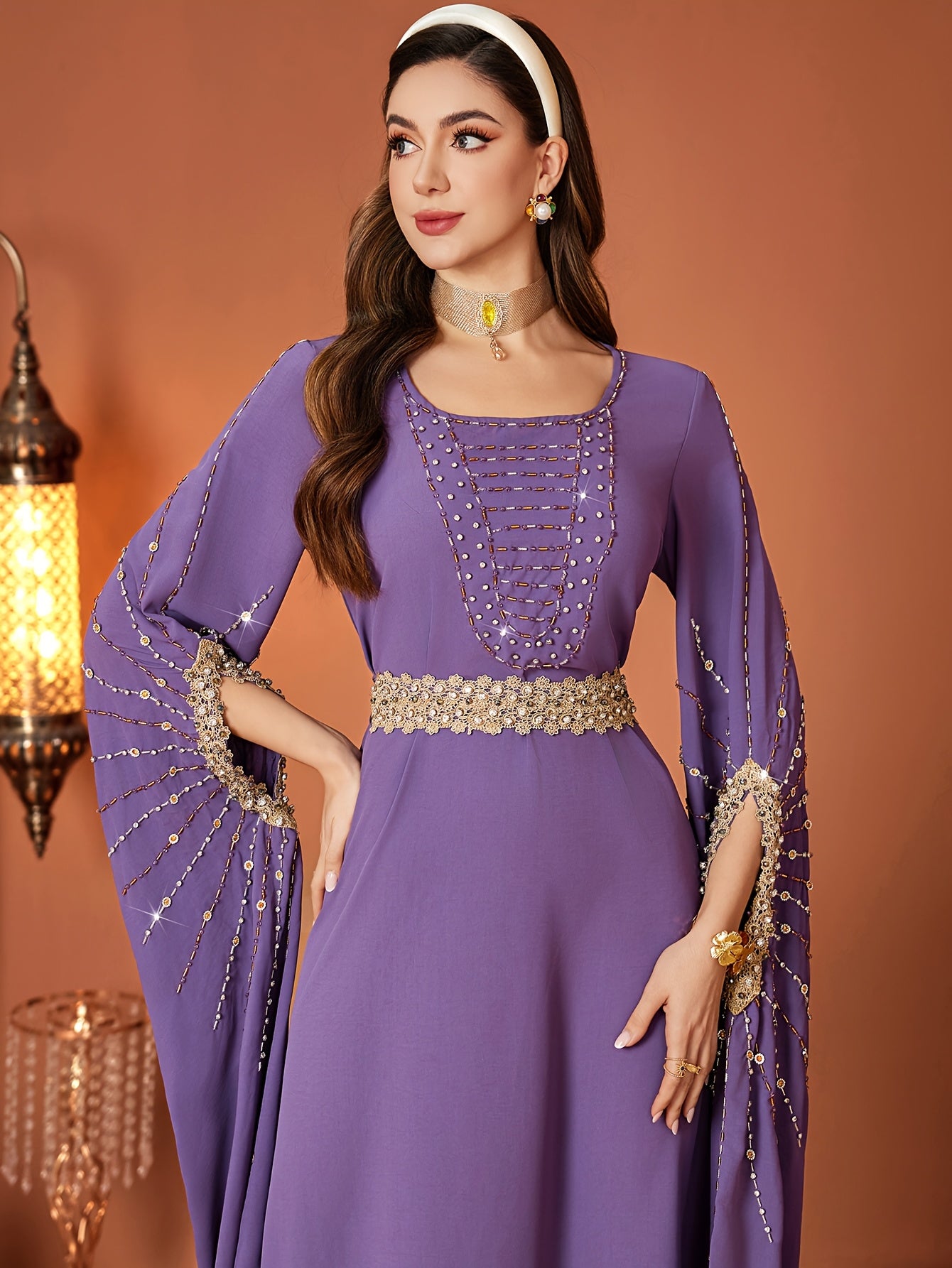 Elegant Lavender Emirati Abaya for Women - Loose Fit, V-Neck with Rhinestone Detail, Long Sleeves, Belted Waist, Perfect for Spring/Summer, Traditional Islamic Fashion, Cultural Attire | Vneck Dress