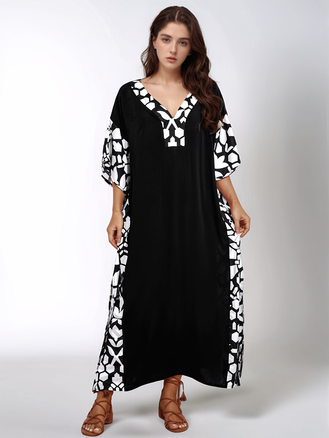 Large Size Long Black Elegant Kaftan Dress with Patchwork Print Loose Beach Bikini Cover, Side Slit Short Sleeved Middle Eastern Long-distance Holiday Style Dress