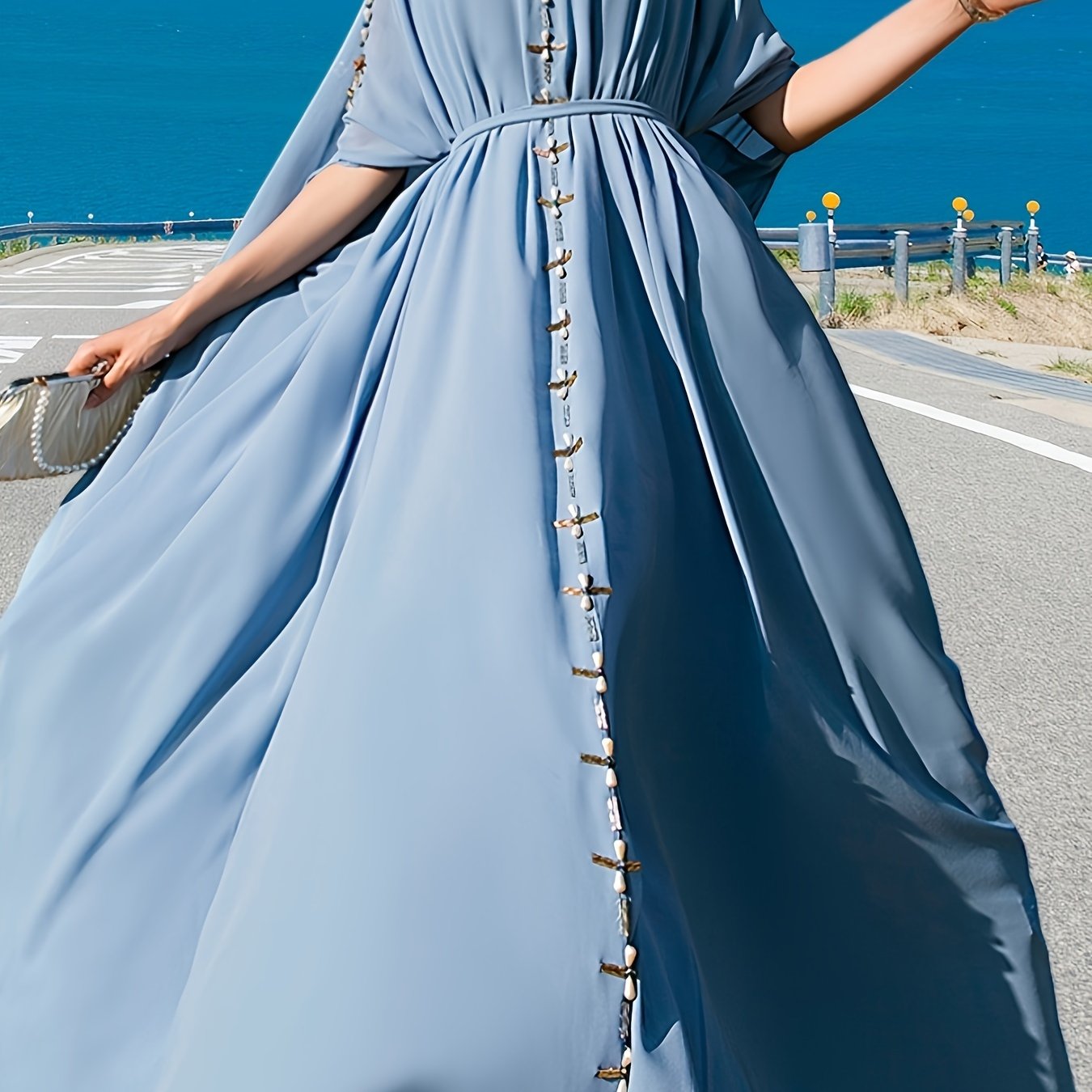 1pc Elegant Off-Shoulder Maxi Modern Abaya with Handcrafted Pearl Embellishments, Solid Color Polyester, All-Season Woven Gown with Large Flounce Sleeves