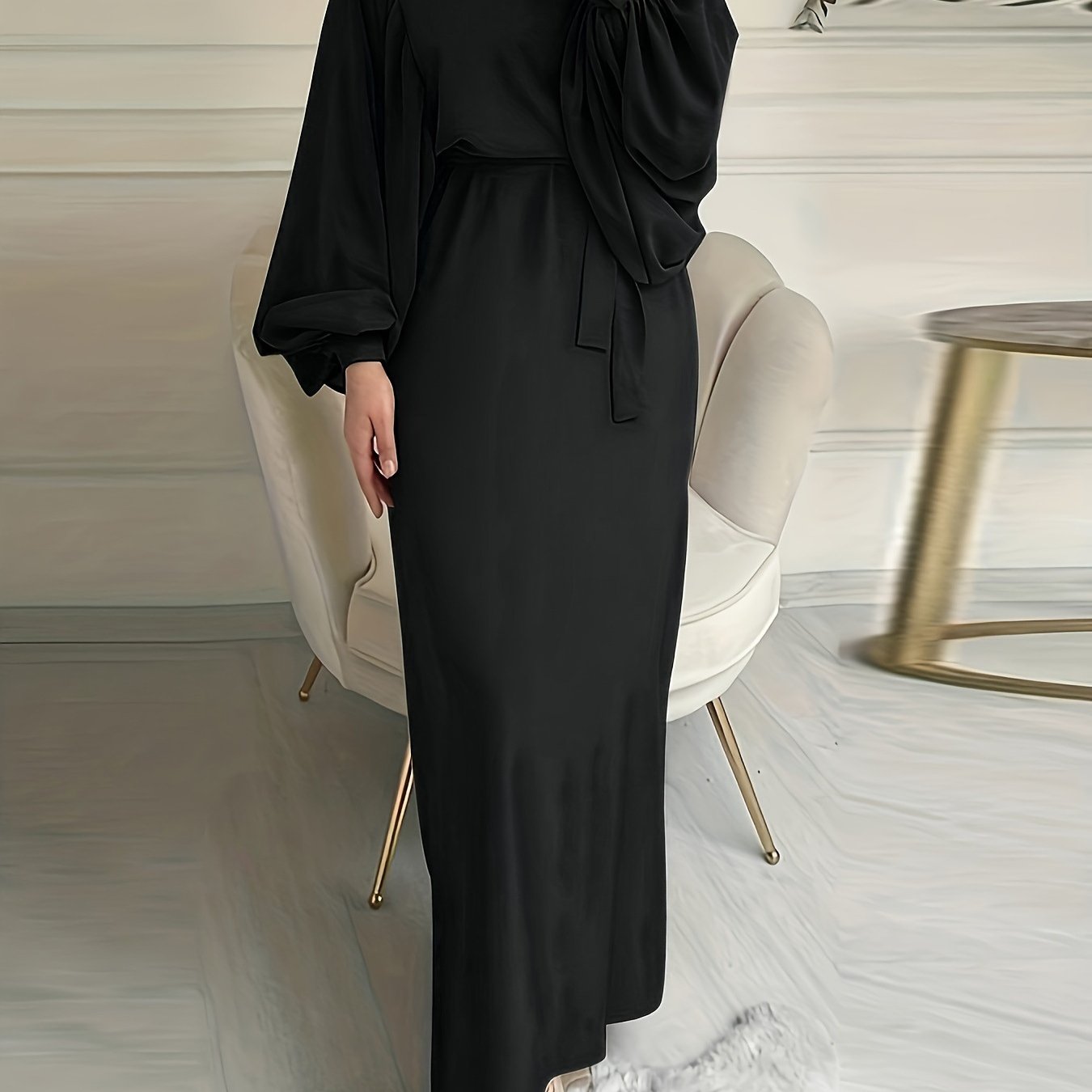 Women's Solid Color Arabic Abaya Dress with Belt - Modern Arabic Style Long Dress, Round Neck Lantern Sleeves, Adjustable Waist Tie, All-Season Casual & Vacation Dress for Women