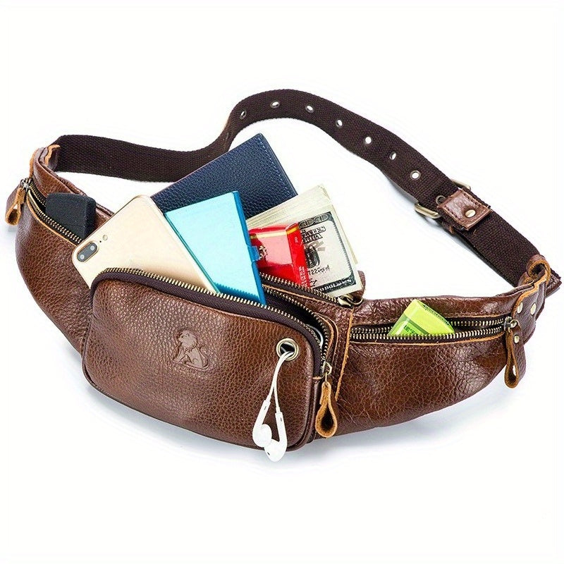 Real Leather Men's Messenger Sling Bag, Cowhide Chest Bag, Sporty And Casual Style, Top layer Cowhide Cash Bag, Trendy Men's Waist Bag