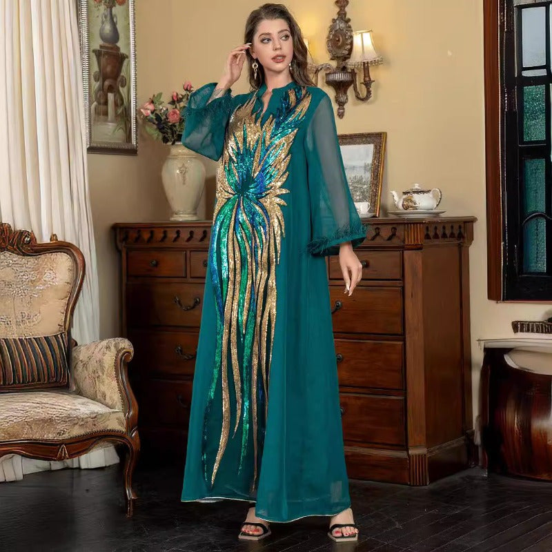 Women's Elegant Islamic Abaya Robe -Modern Long Sleeve V-Neck Islamic Dress with Floor-Length Coverage, Formal & Everyday Muslim Gown for Weddings, Eid - Modest Muslim Clothing