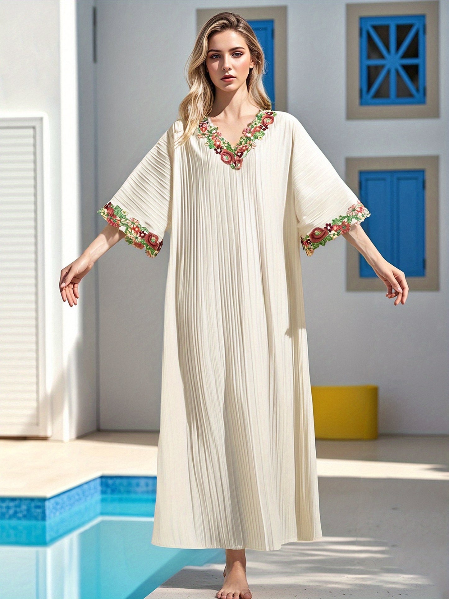 Women's Elegant Islamic Palestinian Abaya - Flowy Ramadan Prayer Dress & Arabic Robe with V-Neck, Machine Washable Islamic Clothing for Daily Prayer, Eid, Travel - Modest Muslim Women's
