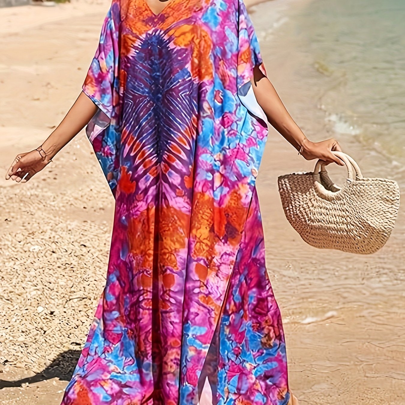 Loose Beach Cover Up Short Sleeve Casual Kaftan Dress For Women Swimsuit Coverup Orange Red