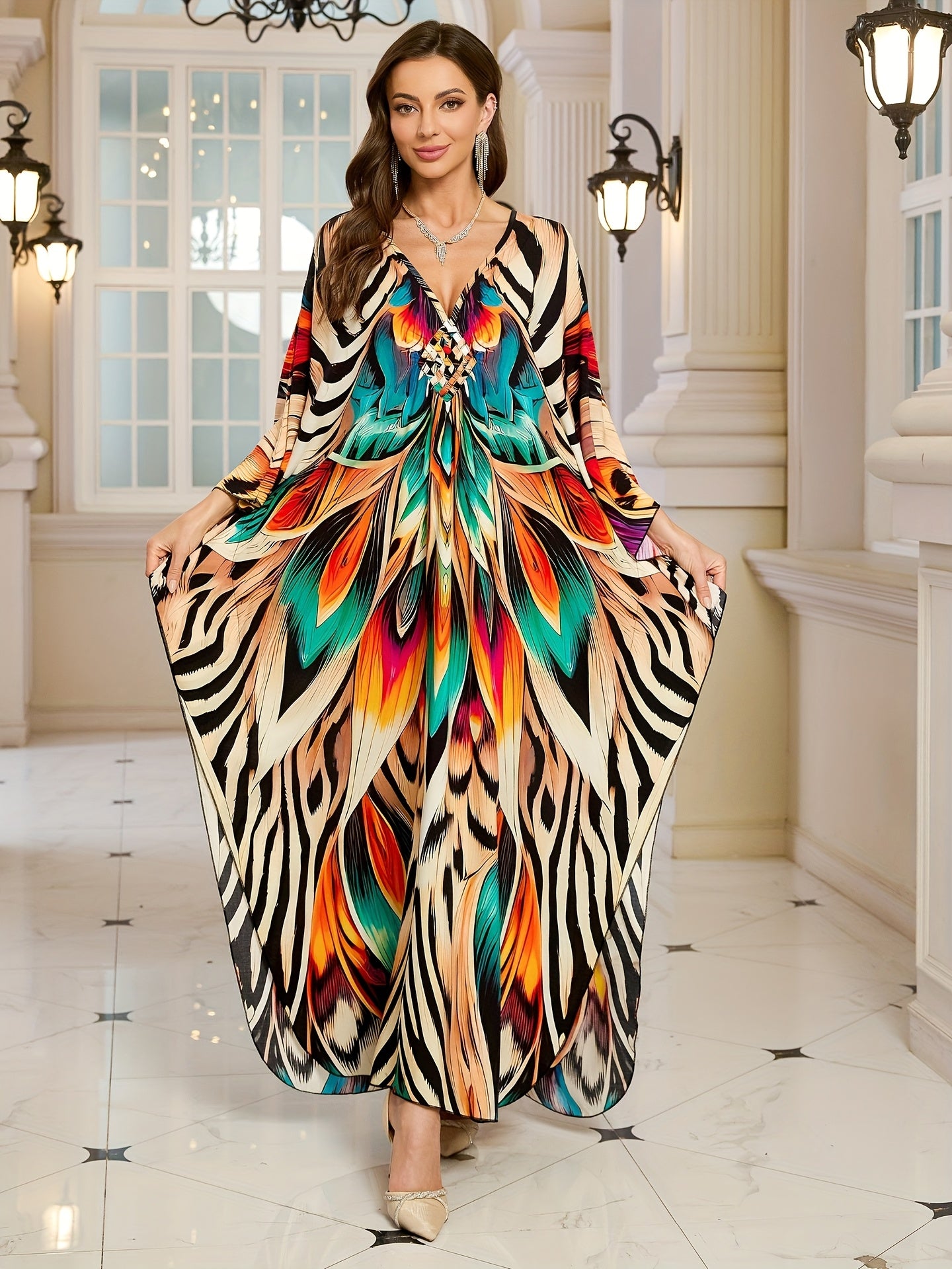 Plus Size Bohemian Beach Cover Up - for Lotus & Zebra Print V-Neck Long Sleeve Kaftan Dress with Slit Hem, Lightweight Machine-Washable Swimwear Cover for Women, Summer Poolside & Resort Wear, Beach Dress, Wear
