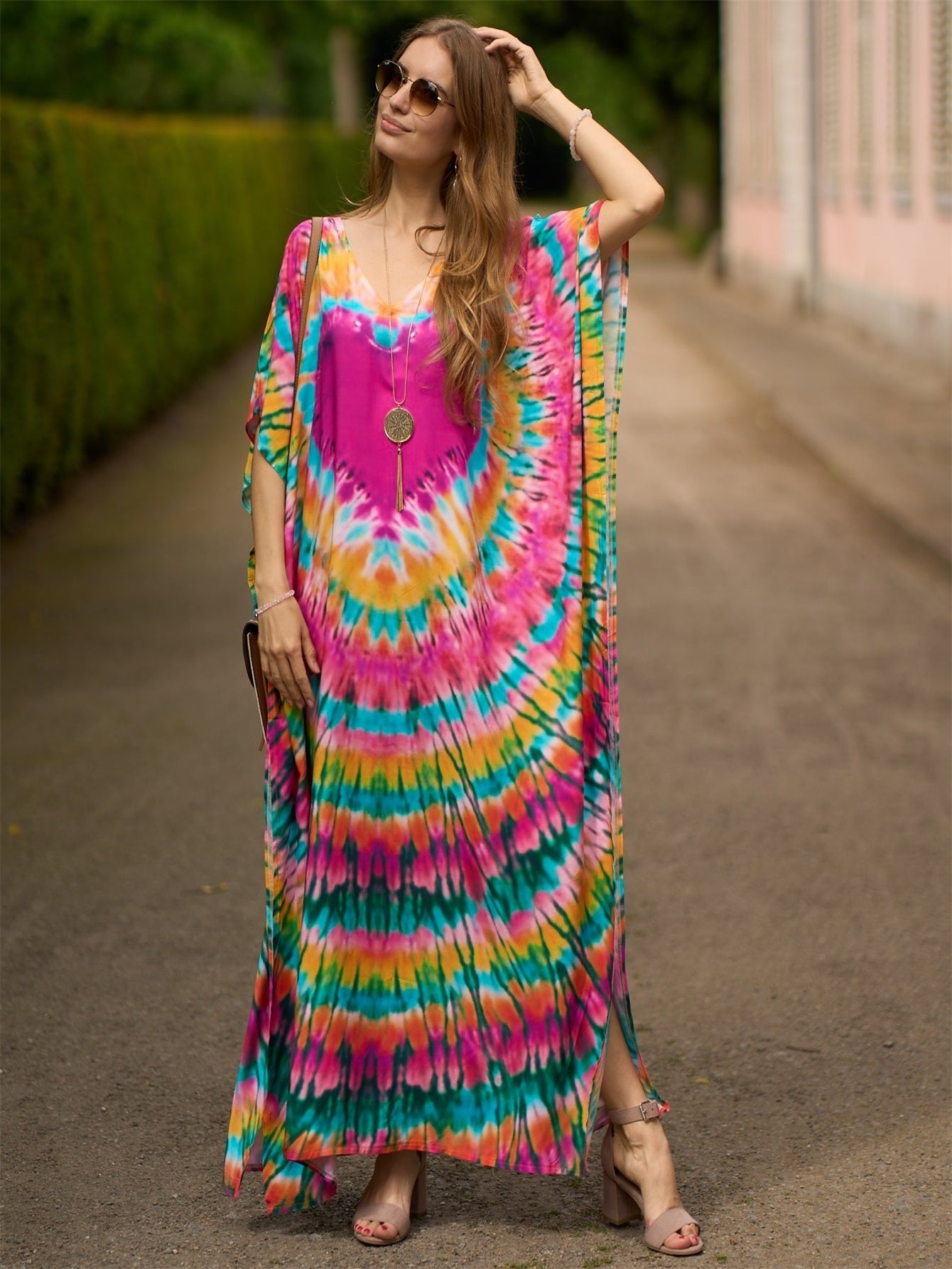Women's Rayon Bohemian Beach Cover-Up Dress - Loose Fit Batwing Sleeve Turkish Kaftan with Striped Print, Round Neck Long Dress for Poolside, Vacation & Home Wear, Spring Summer Fall, Summer Cover Clothing