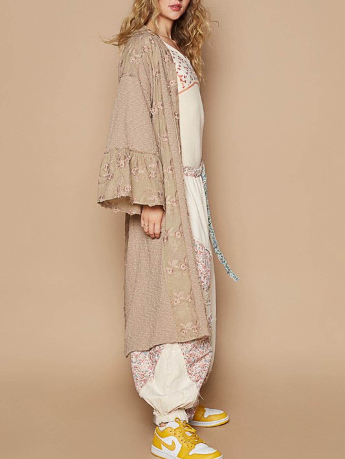 Women's Casual Duster Kimono Abaya Vintage Boho Lace Trim Open Front Longline Outerwear Khaki Long Sleeves Lightweight Soft Fabric Perfect for Spring/Fall/Winter Layering Everyday