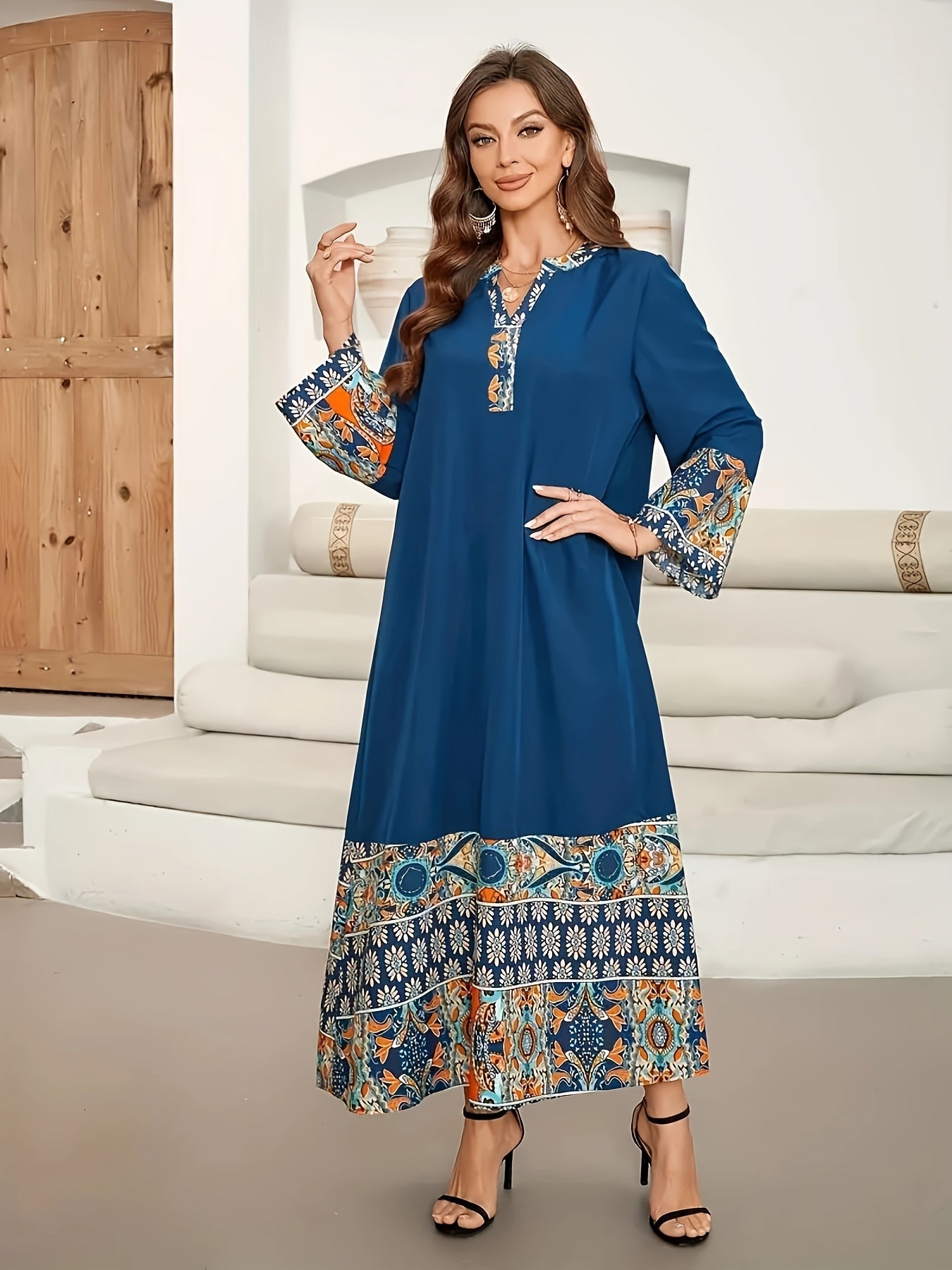 Elegant Muslim Kaftan Abaya Dress | Middle Eastern-Inspired Ethnic Floral Print with Blue/Orange/White/Black, Asymmetrical Hem & Lace Trim, X-Line Silhouette, Adjustable Waist Tie for Modest Women