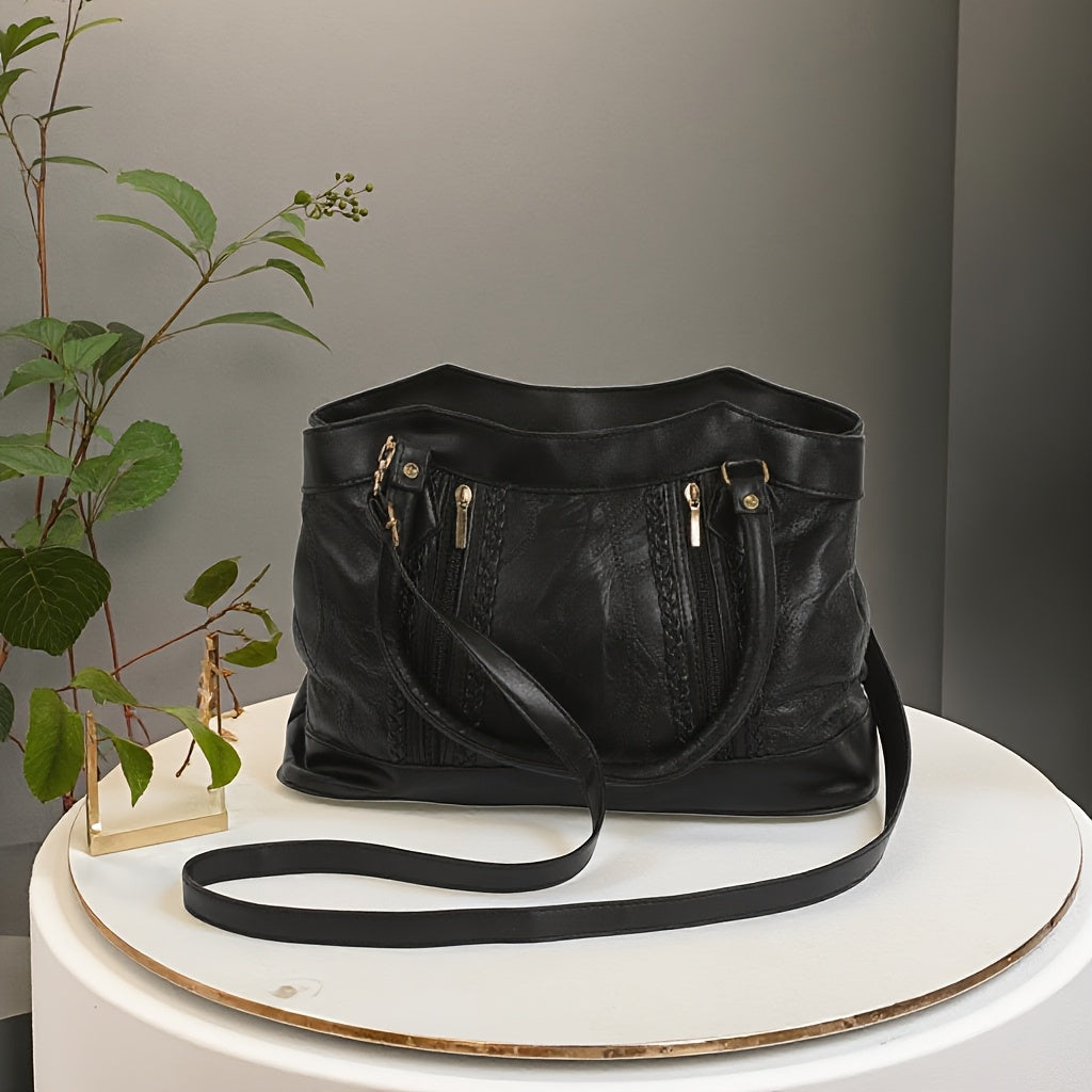 Vintage Zipper Tote Bag, Soft Genuine Leather Large Capacity Crossbody Bag, Women's Multifunction Trend Casual Fashion Shoulder Bag, Trend Handbag