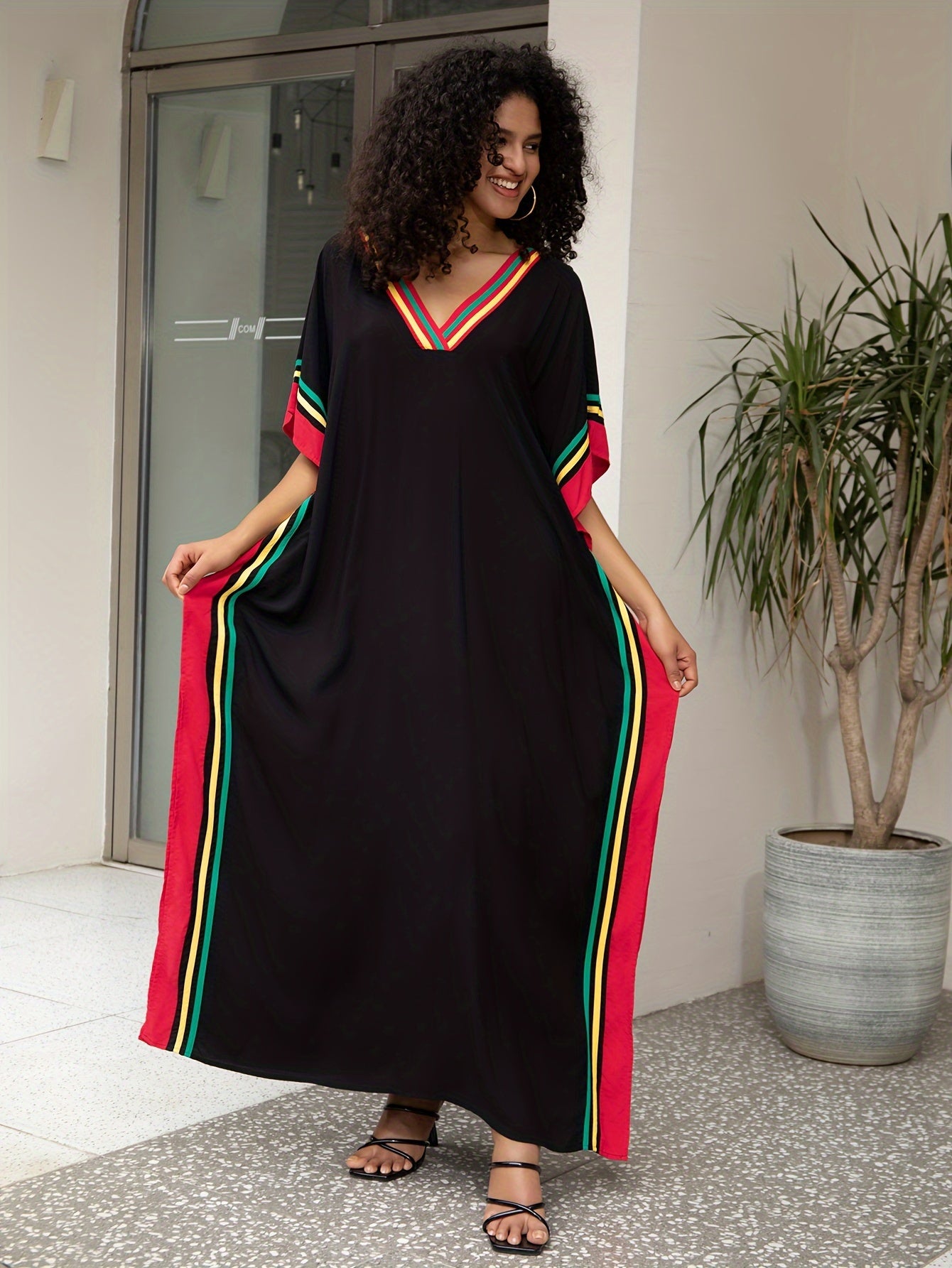 Stylish Women's Kaftan Maxi Dress - Comfortable Batwing Sleeve V Neck Design