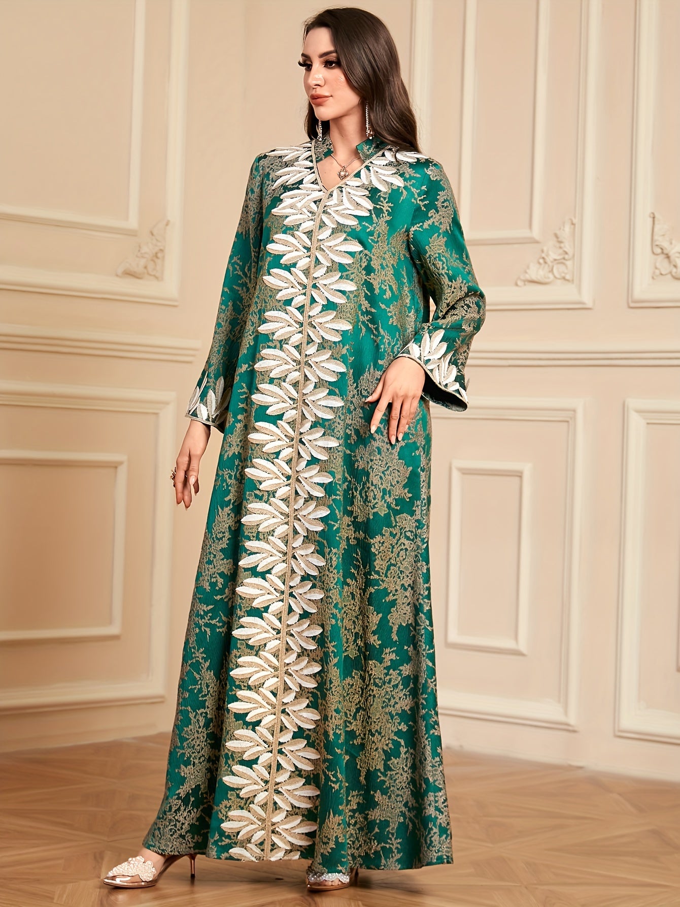 Elegant Green Floral Embroidered Long Sleeve Maxi Kaftan Abaya Dress - Polyester, Machine Washable, Non-Stretch Fabric for All Seasons