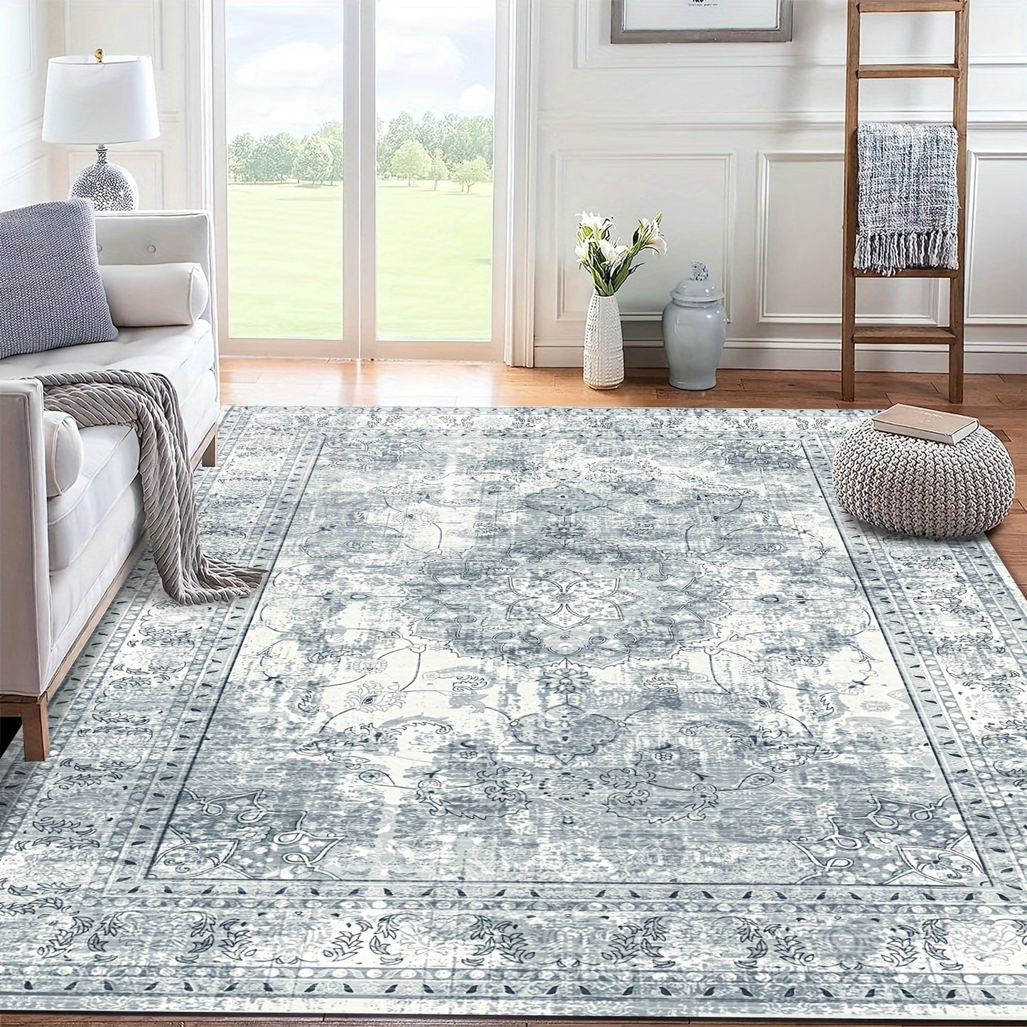 Area Rugs Boho Washable Area Rug For Bathroom, Bedroom, Large Area Rugs For Living Room Dining Room, Bohemian Vintage Non Slip Low Pile Indoor Accent Carpet For Home Office-blue Color Bathroom Mat