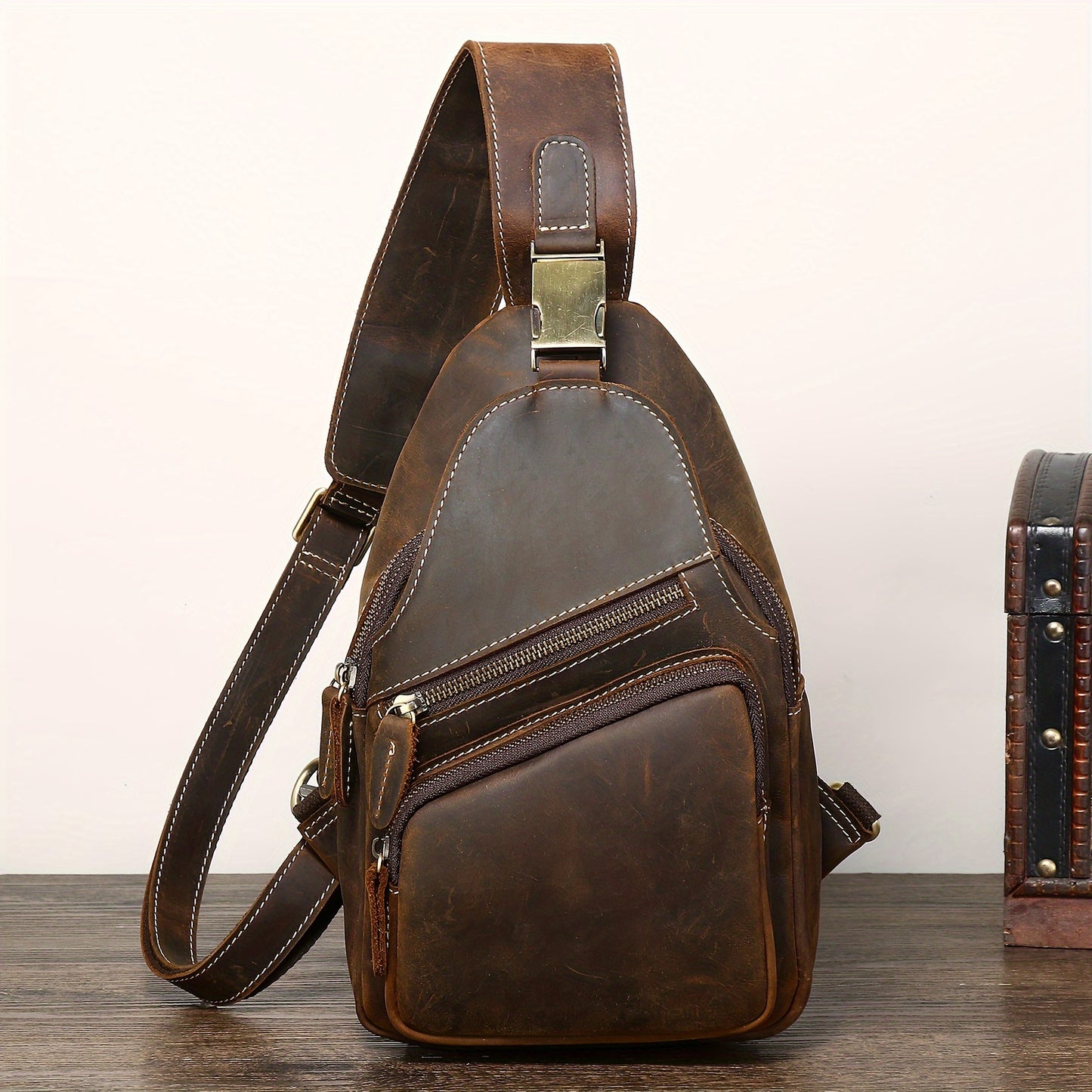 Full Grain Cowhide Leather Vintage Sling Chest Shoulder Bag Retro Hiking Crossbody Casual Daypack - Durable & Stylish - For Men & Women
