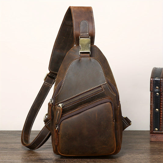 Full Grain Cowhide Leather Vintage Sling Chest Shoulder Bag Retro Hiking Crossbody Casual Daypack - Durable & Stylish - For Men & Women