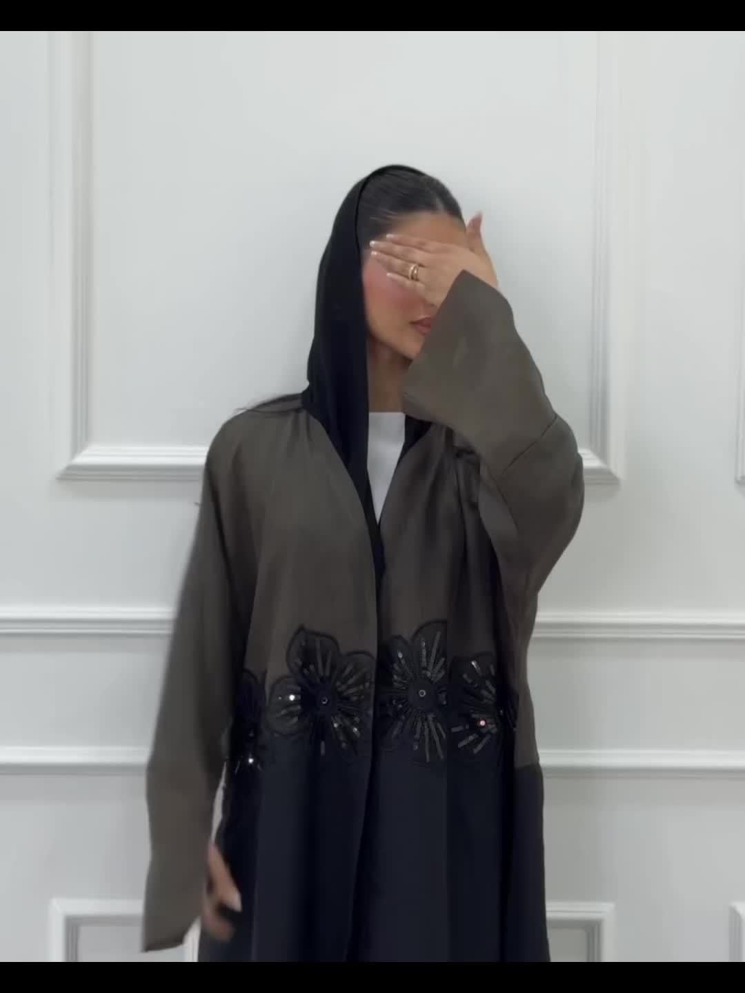 Elegant Modest Muslim Dubai Arabian Abaya Robe with Floral Embroidery - Long Sleeve Open Front, Solid Color, All-Season Wear, No Headscarf, Hand Wash or Dry Clean, Muslim Dress