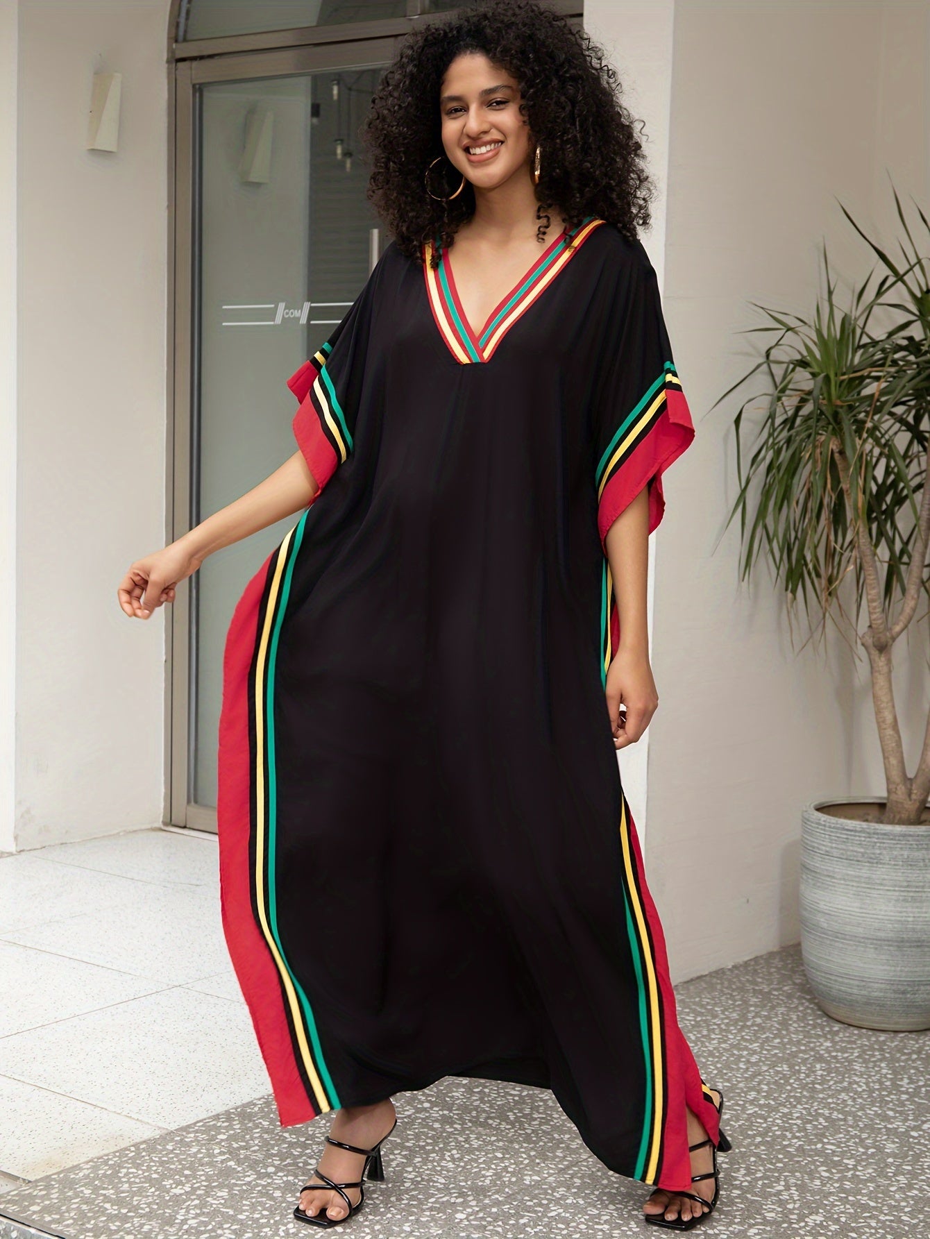 Stylish Women's Kaftan Maxi Dress - Comfortable Batwing Sleeve V Neck Design
